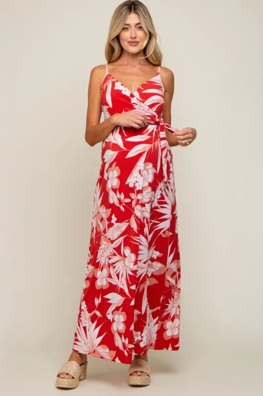 Red Floral Palm Print Wrap Maternity Maxi Dress sold by Pinkblush