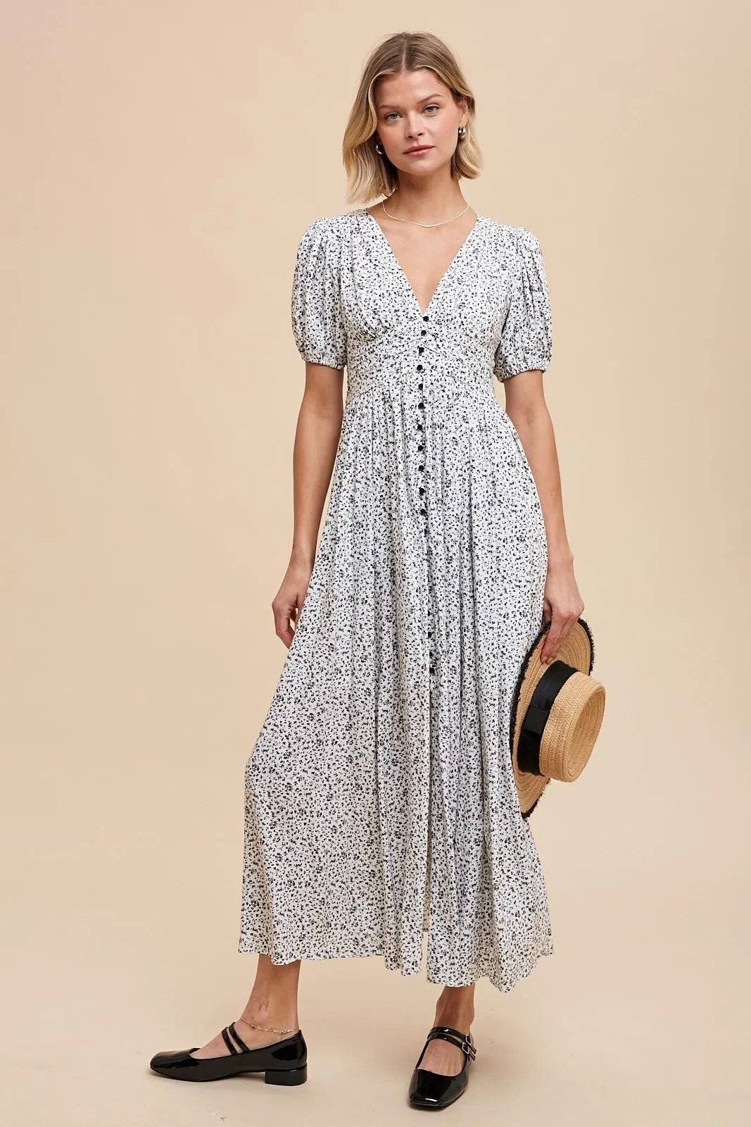 Ivory Floral Button Down Front Slit Maxi Dress sold by Pinkblush