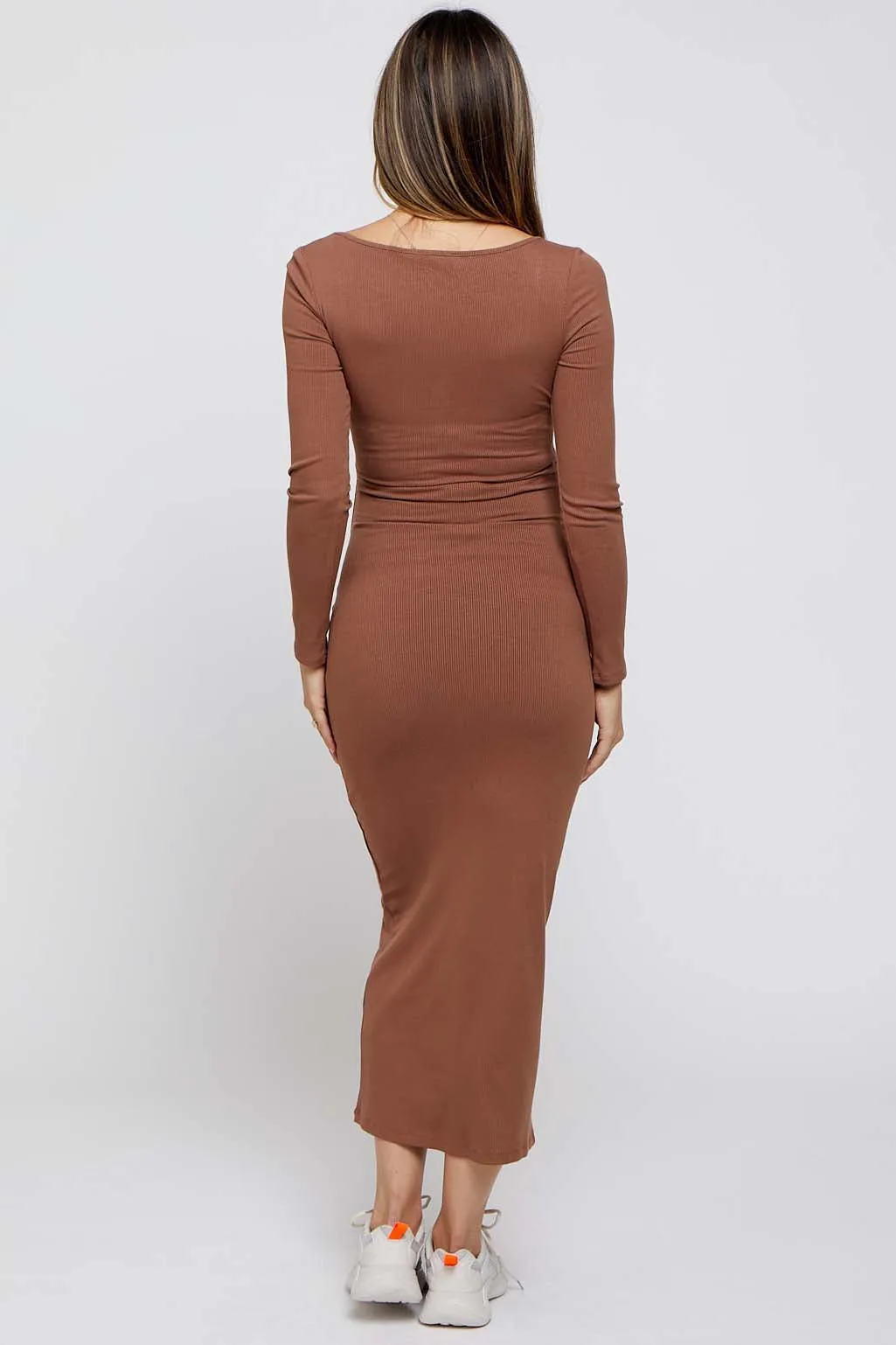 Mocha Ribbed Scoop Neck Maternity Midi Dress sold by Pinkblush product image thumbnail 3