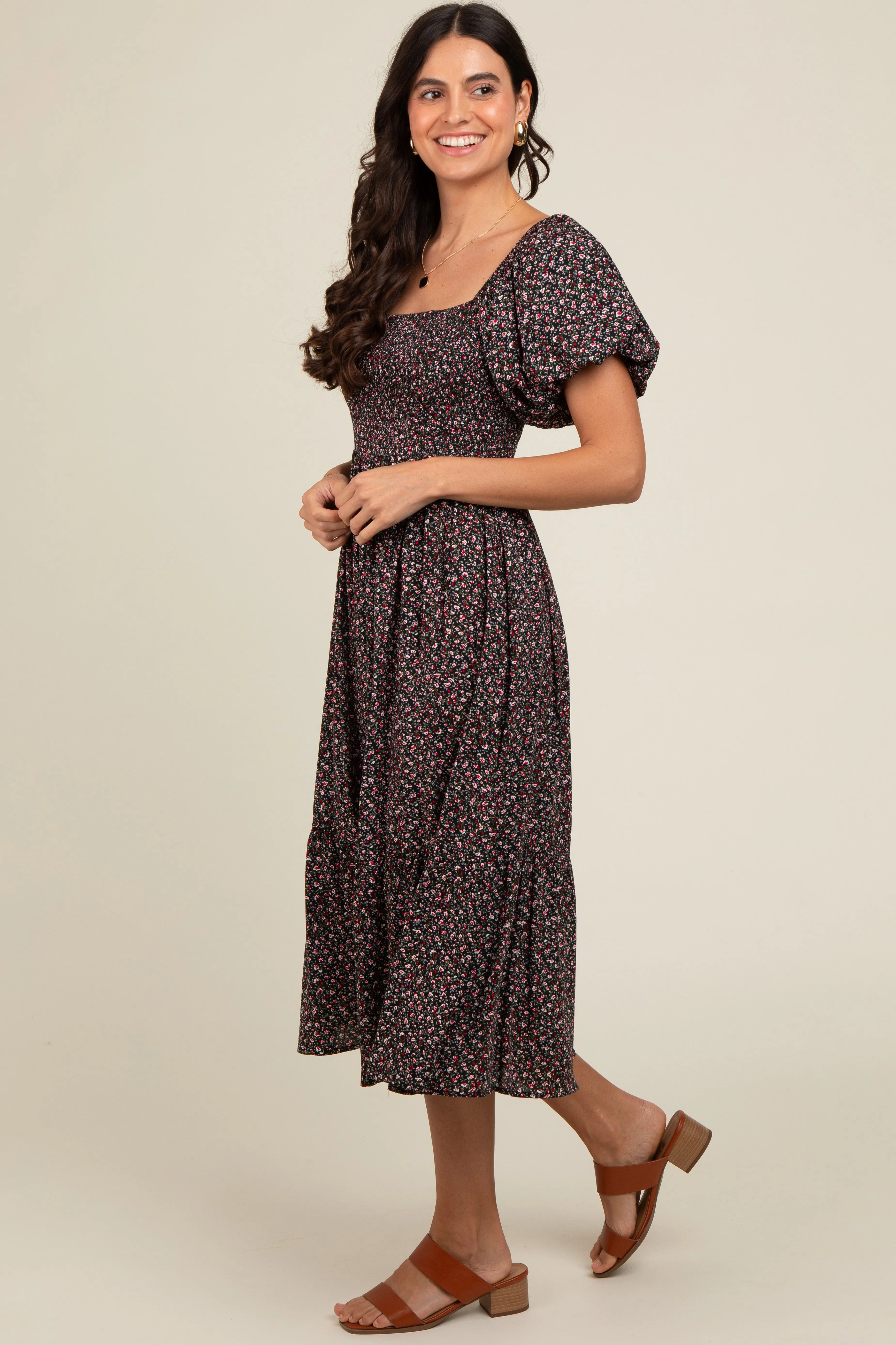 Black Floral Smocked Midi Dress sold by Pinkblush product image thumbnail 2