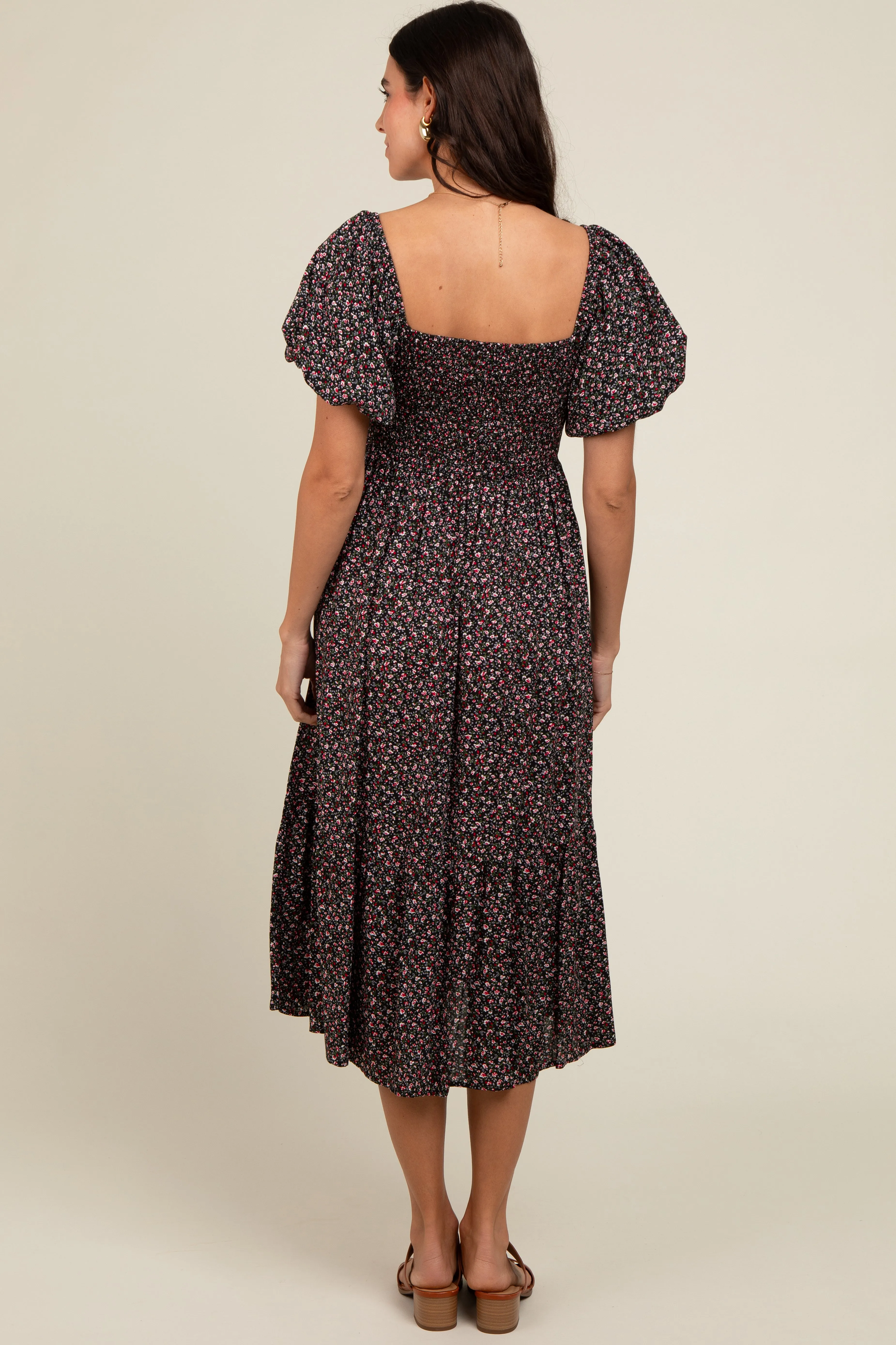 Black Floral Smocked Midi Dress sold by Pinkblush product image thumbnail 3