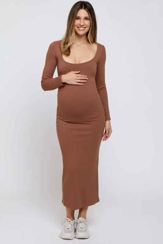Mocha Ribbed Scoop Neck Maternity Midi Dress sold by Pinkblush