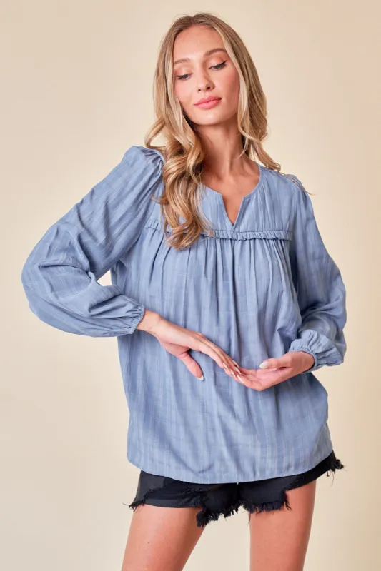Dusty Blue Long Sleeve Plaid Textured Blouse sold by Pinkblush