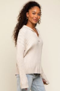Cream Ribbed Knit Collared Long Sleeve Top sold by Pinkblush