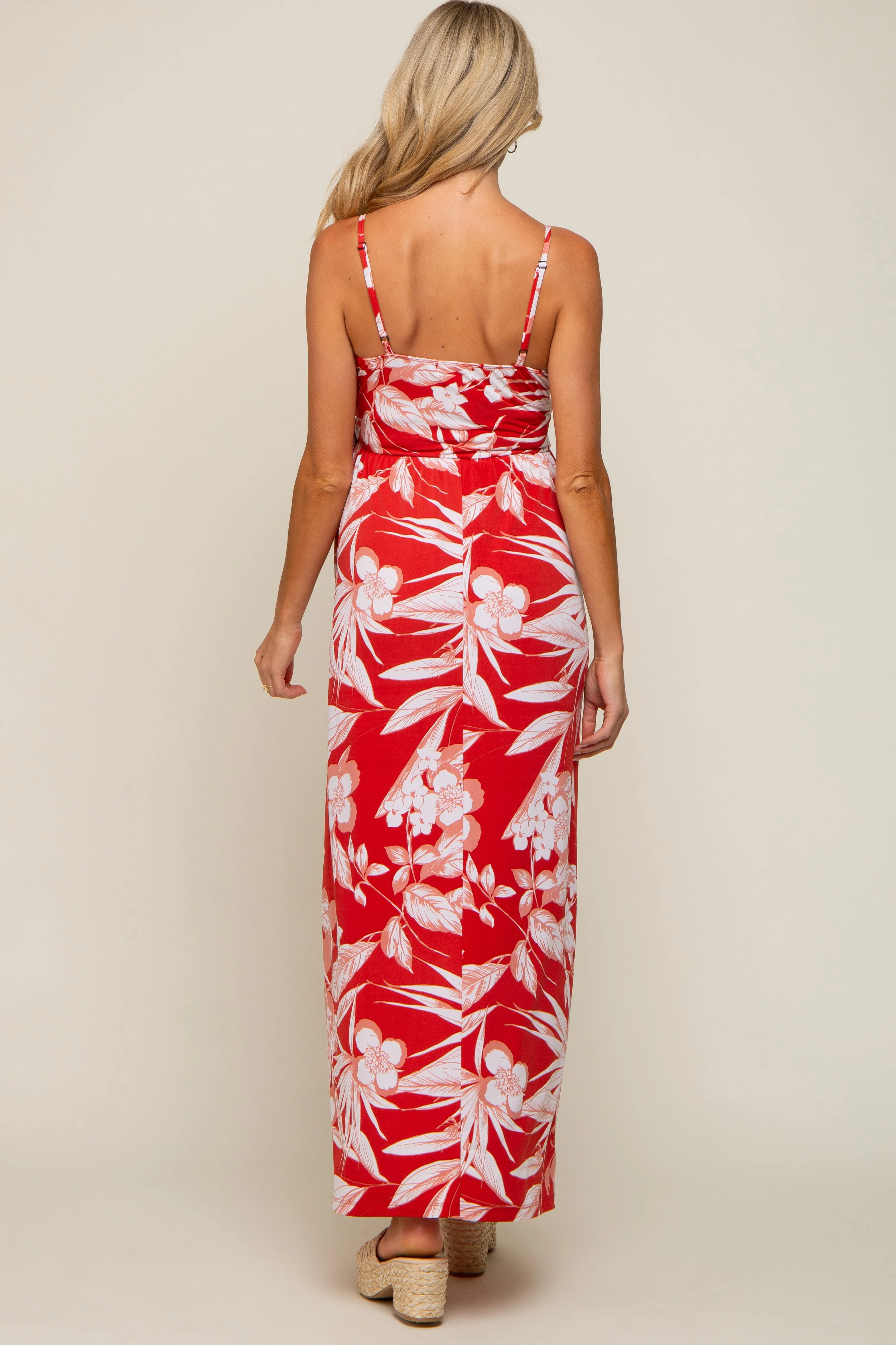 Red Floral Palm Print Wrap Maternity Maxi Dress sold by Pinkblush product image thumbnail 3