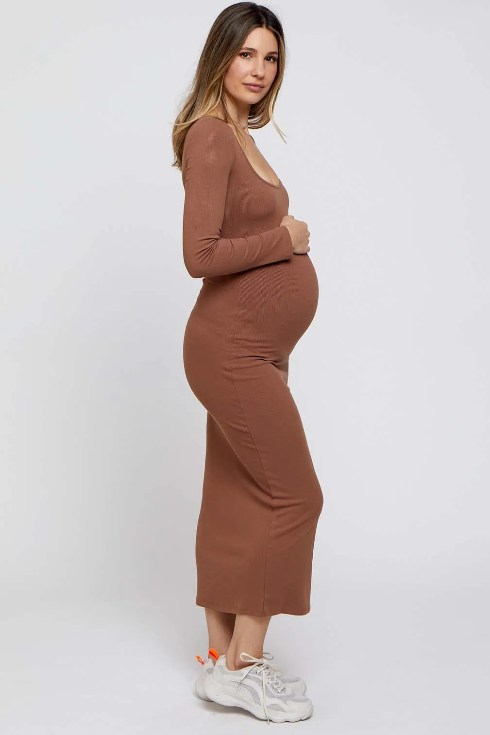 Mocha Ribbed Scoop Neck Maternity Midi Dress sold by Pinkblush product image thumbnail 2