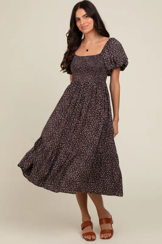 Black Floral Smocked Midi Dress sold by Pinkblush