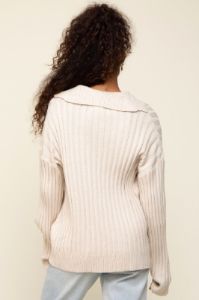 Cream Ribbed Knit Collared Long Sleeve Top sold by Pinkblush