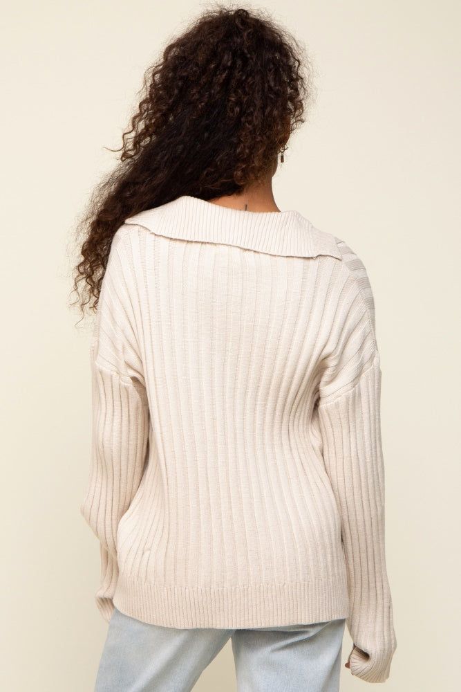 Cream Ribbed Knit Collared Long Sleeve Top sold by Pinkblush product image thumbnail 3