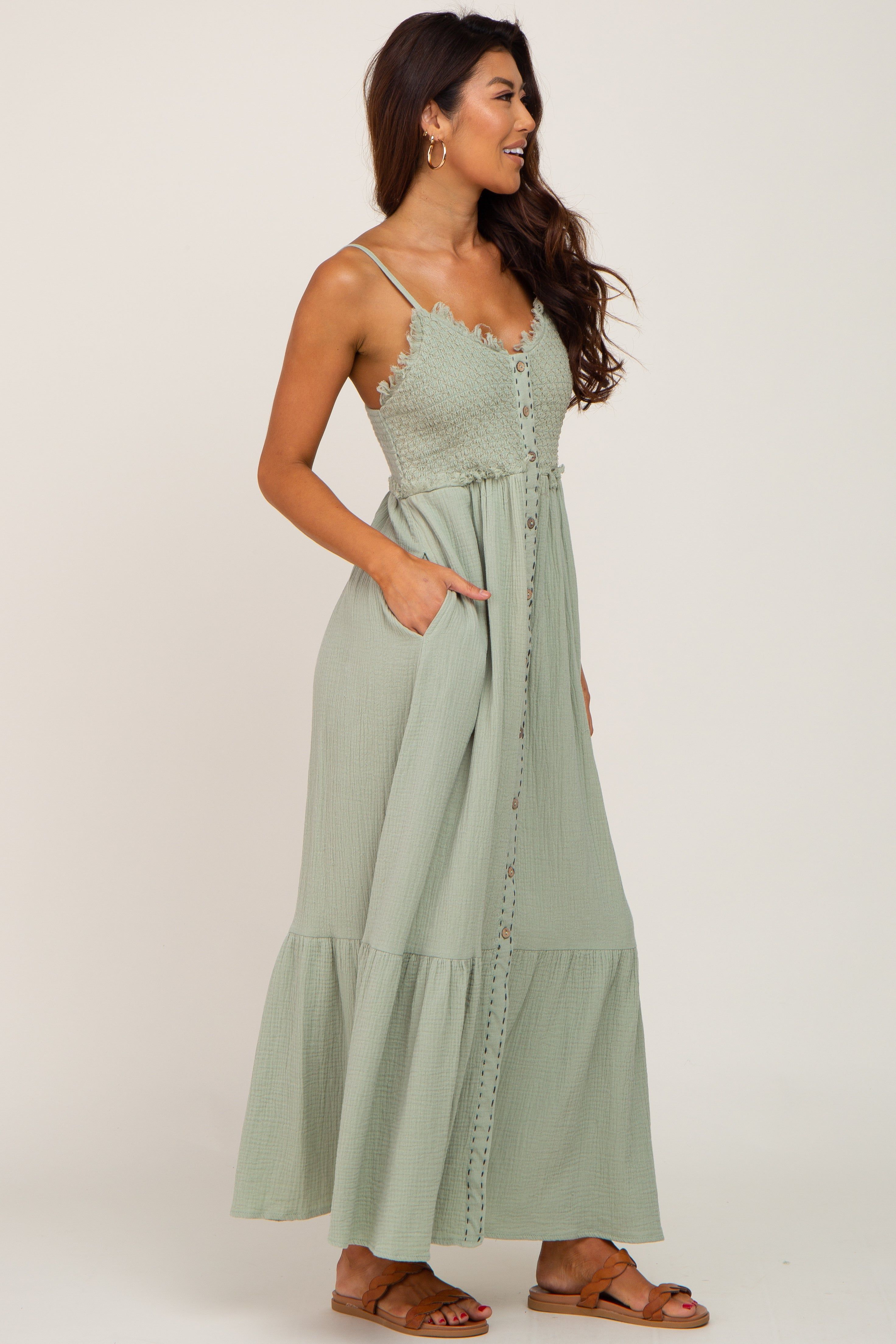 Light Olive Smoked Button Front Maxi Dress sold by Pinkblush product image thumbnail 2