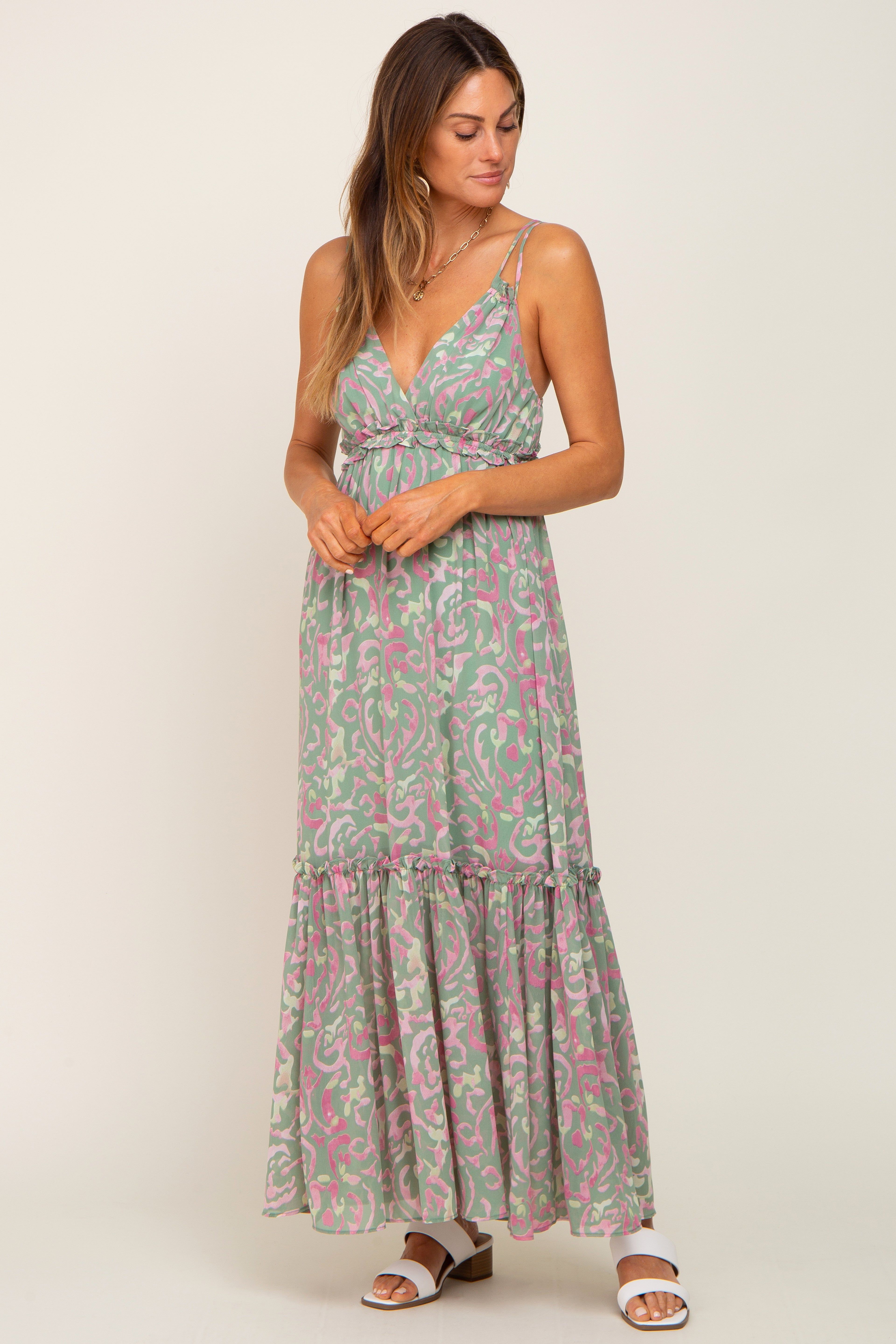Light Olive Chiffon V-Neck Ruffle Tiered Maxi Dress sold by Pinkblush