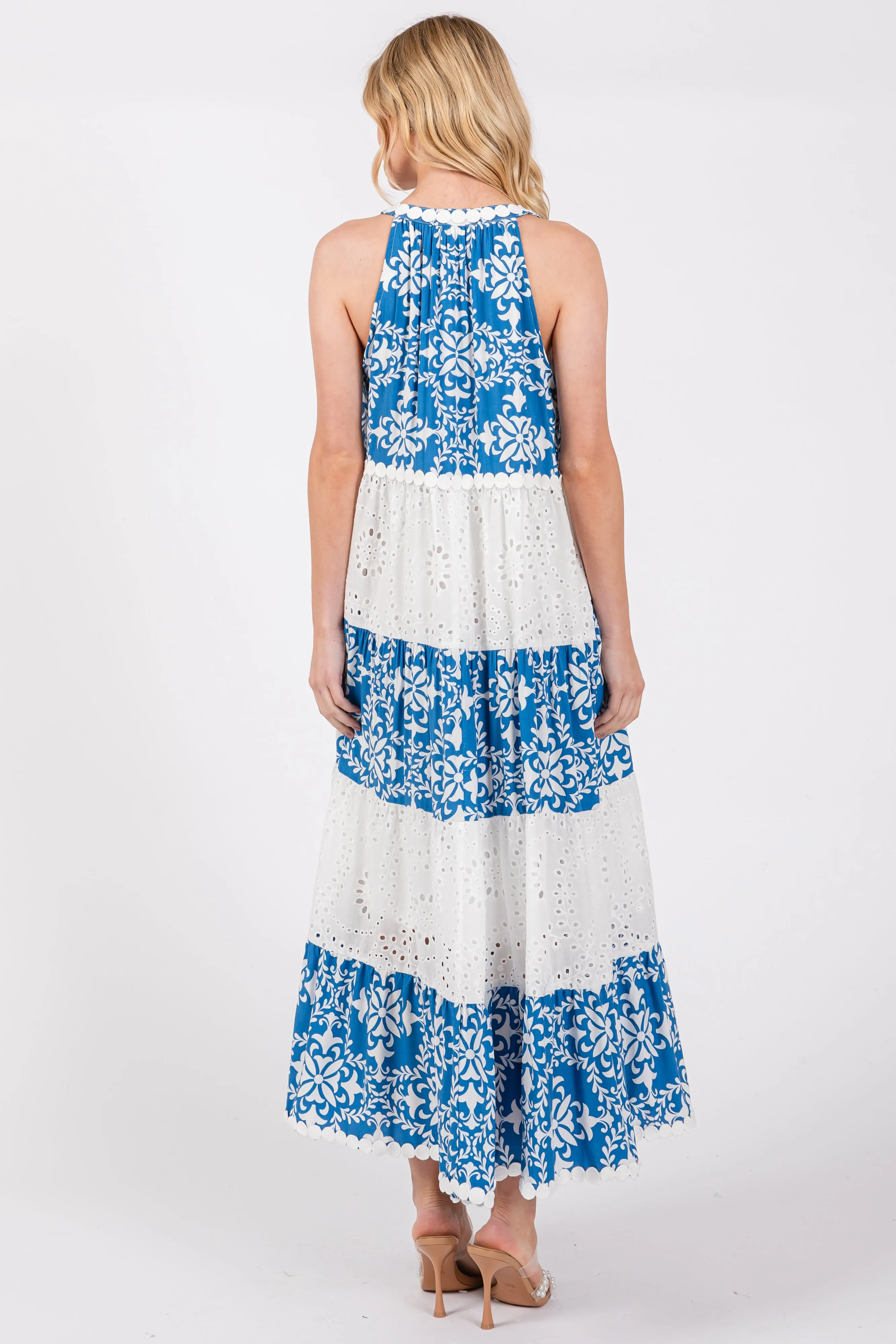 Blue Printed Eyelet Tiered V-Neckline Sleeveless Dress sold by Pinkblush product image thumbnail 3