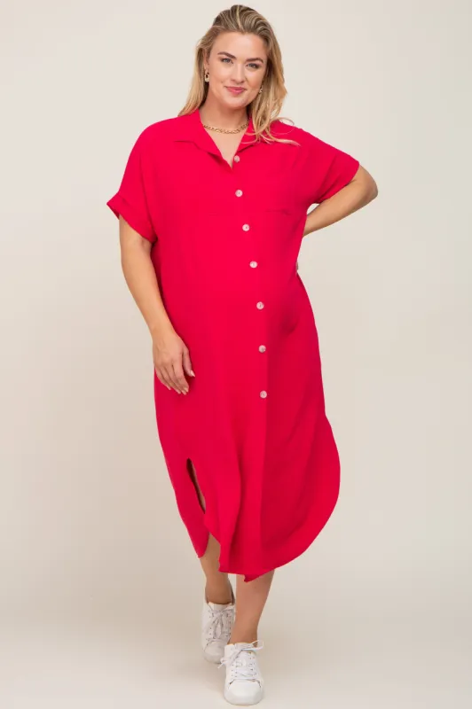 Fuchsia Button Down Hi Low Maternity Plus Maxi Dress sold by Pinkblush