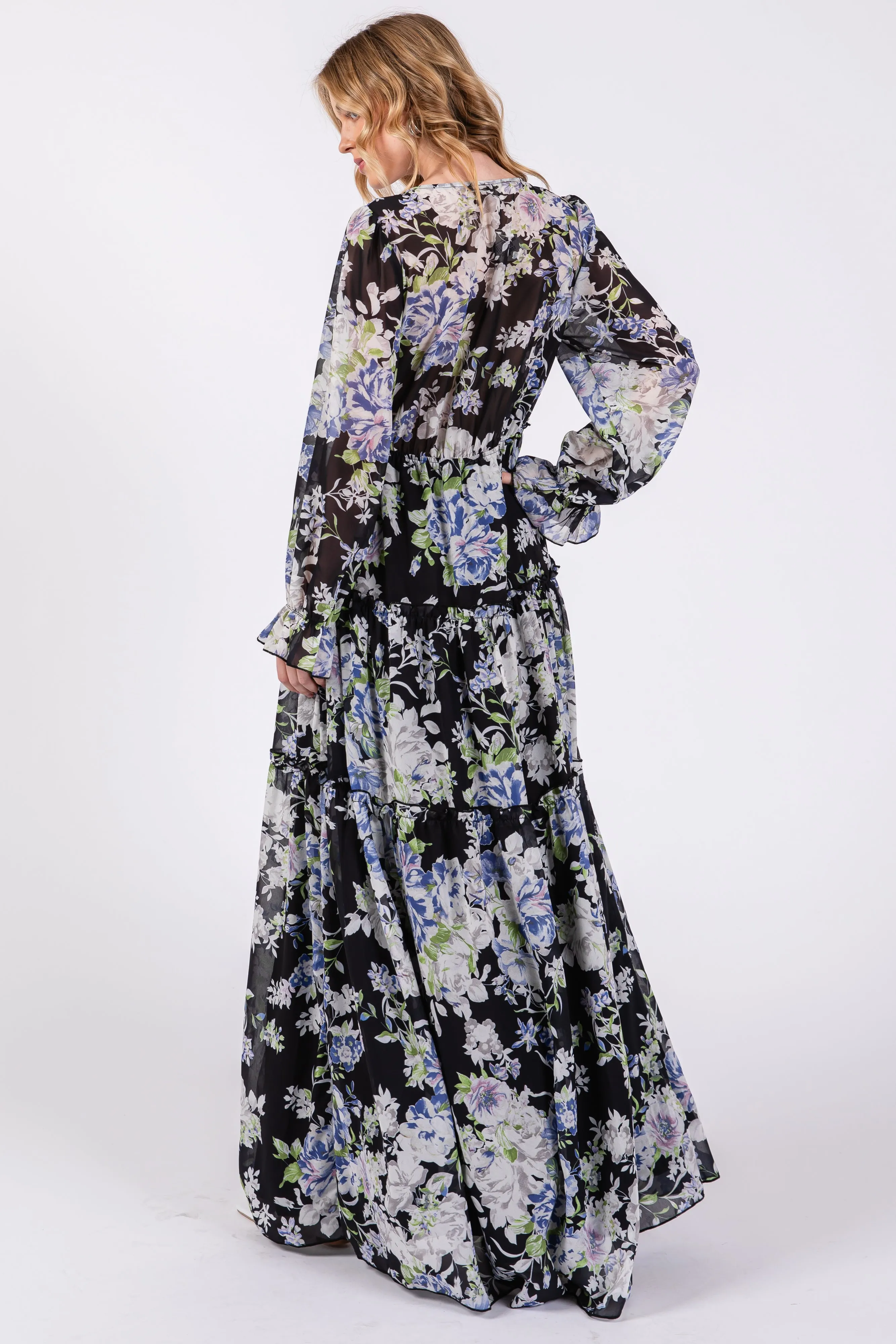 Black Floral Chiffon Deep V Ruffle Tiered Maxi Dress sold by Pinkblush product image thumbnail 3