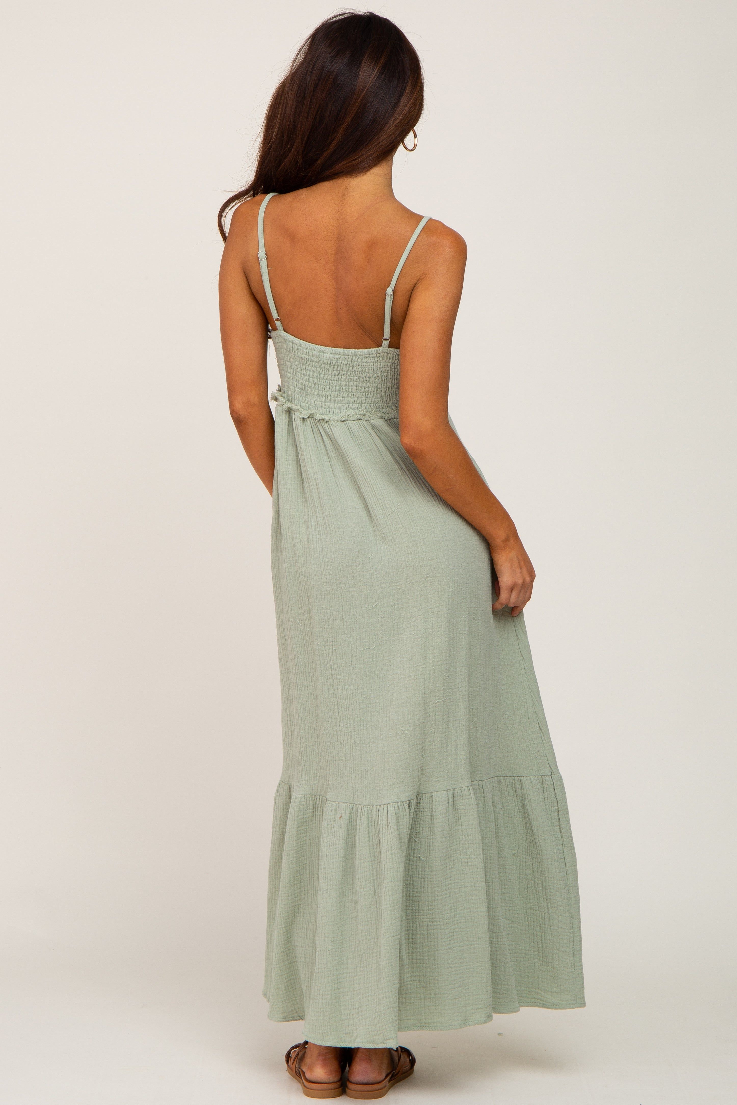 Light Olive Smoked Button Front Maxi Dress sold by Pinkblush product image thumbnail 3