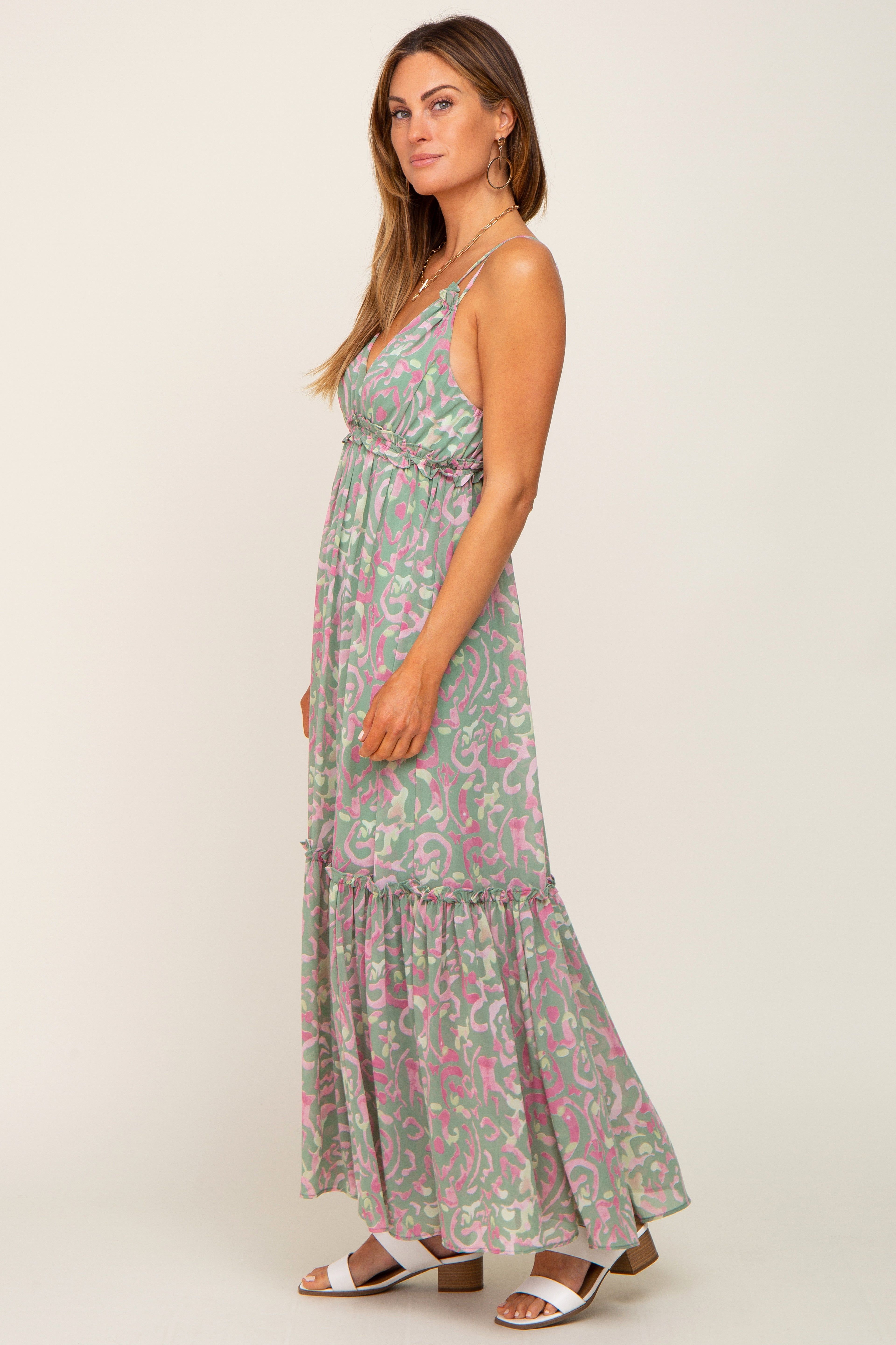 Light Olive Chiffon V-Neck Ruffle Tiered Maxi Dress sold by Pinkblush product image thumbnail 2