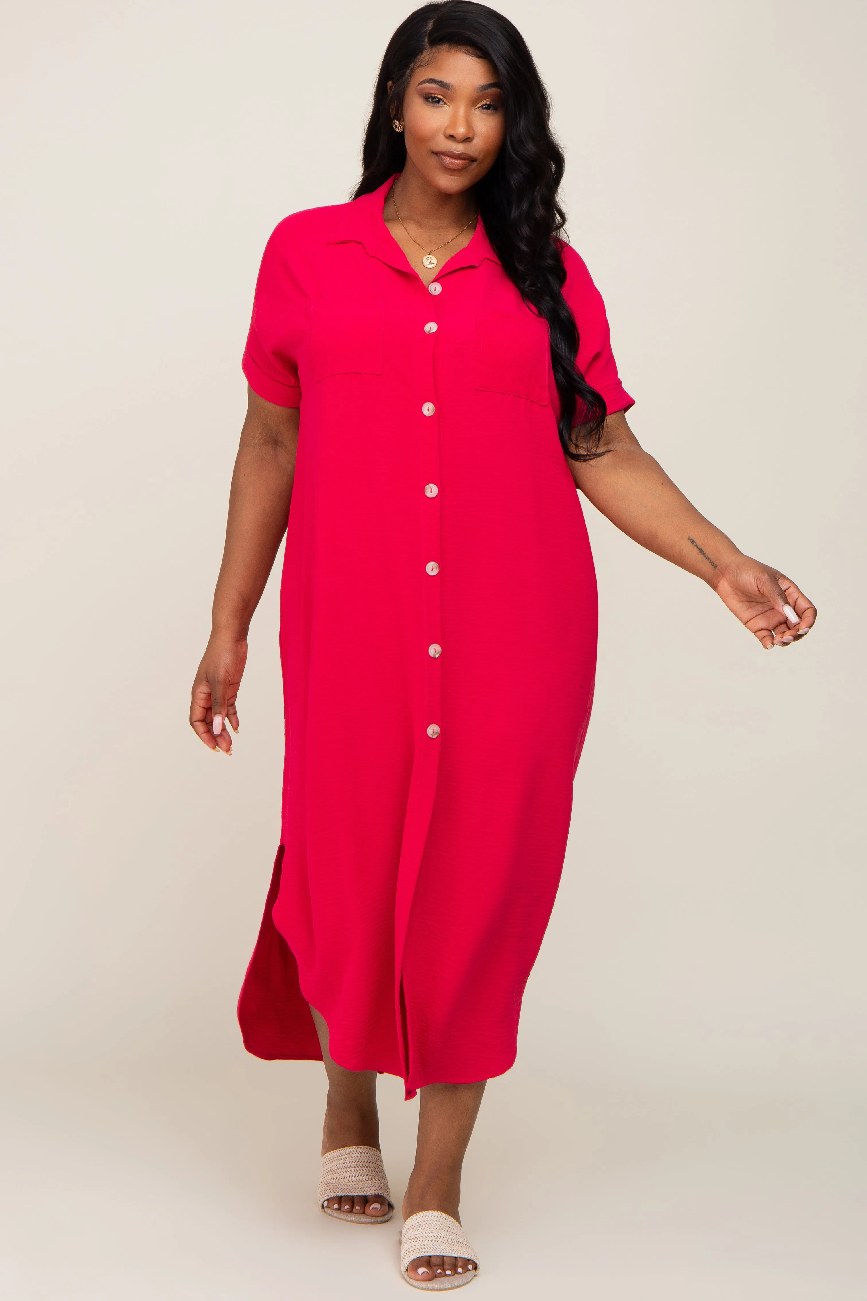 Fuchsia Button Down Hi Low Maternity Plus Maxi Dress sold by Pinkblush product image thumbnail 5