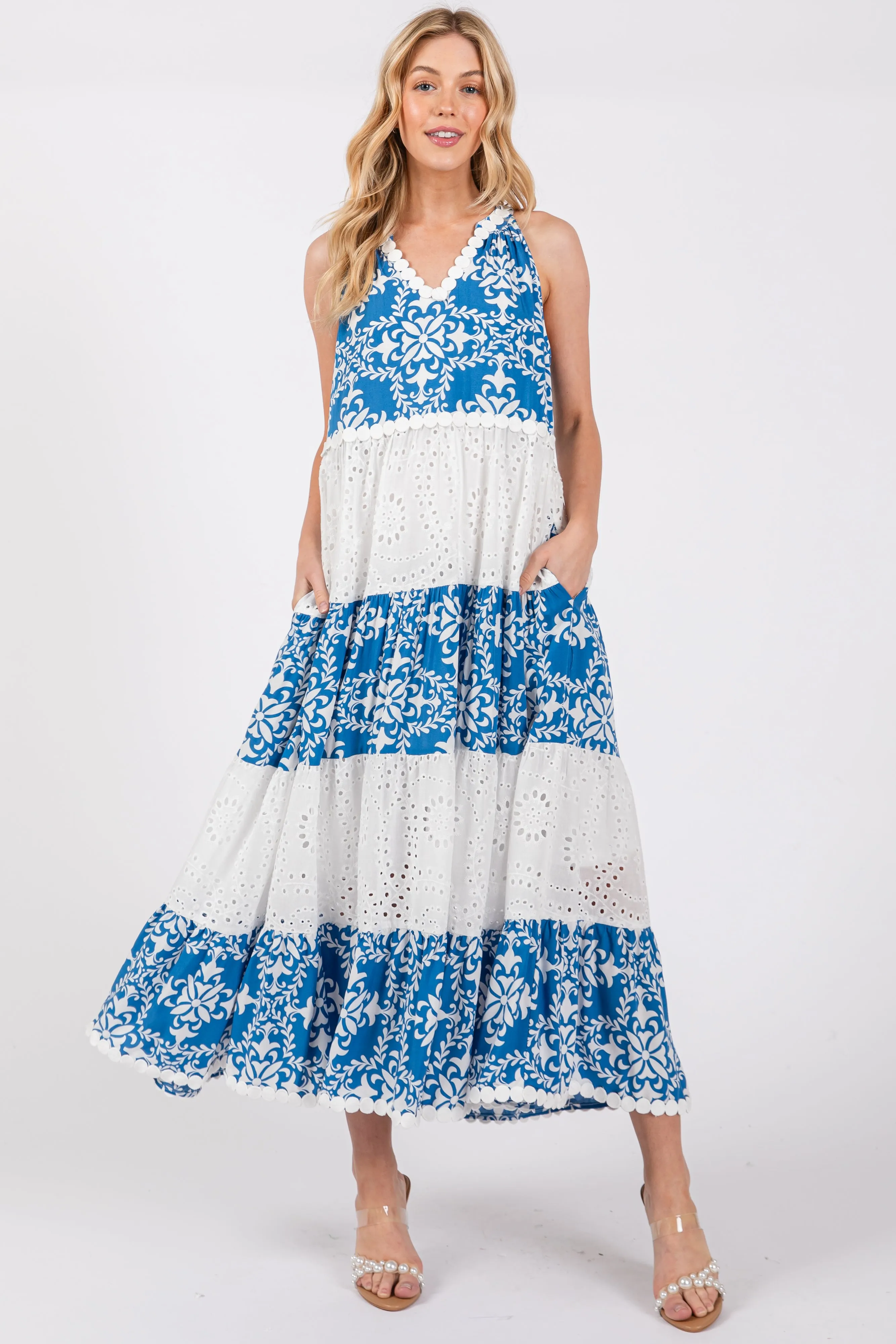 Blue Printed Eyelet Tiered V-Neckline Sleeveless Dress sold by Pinkblush