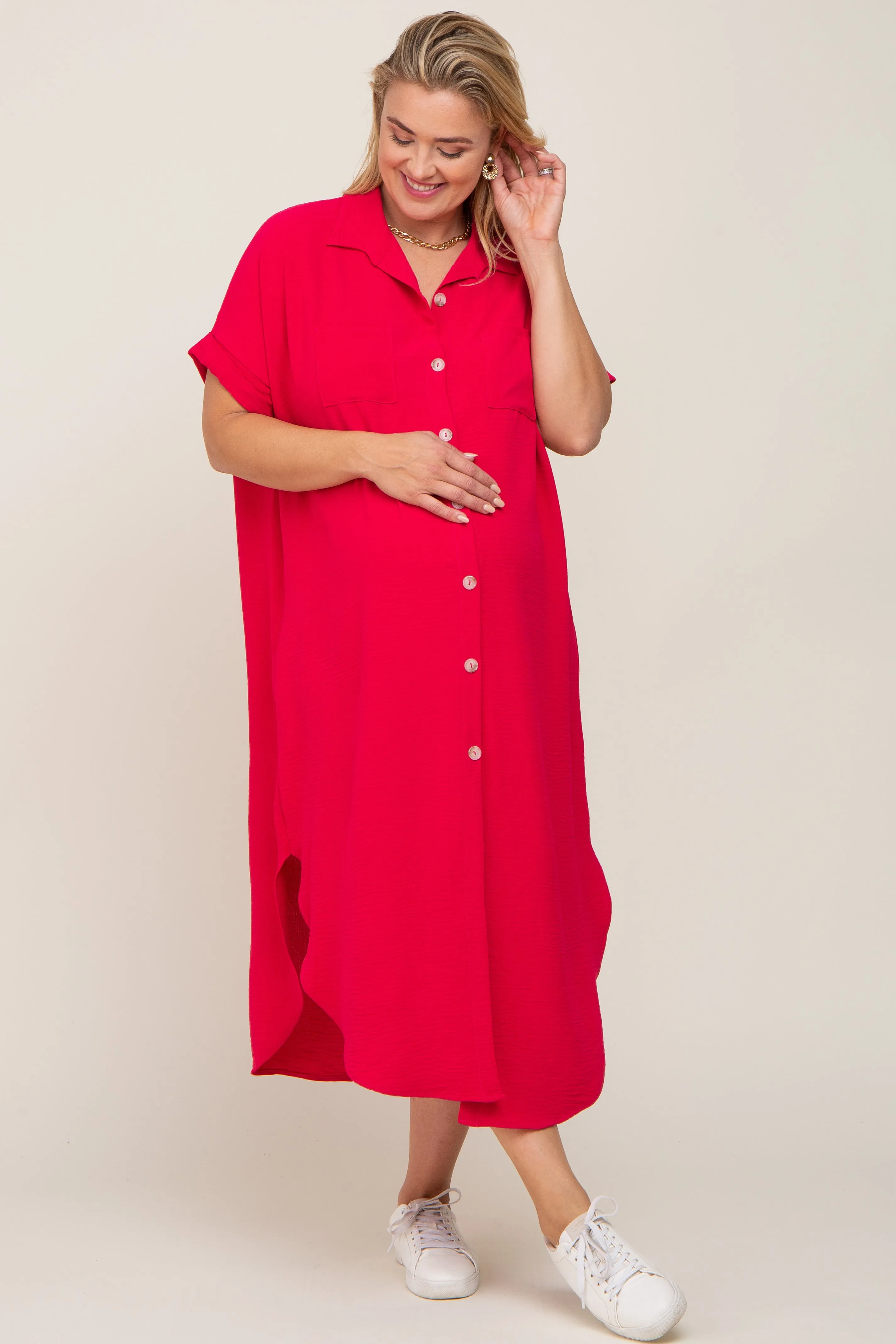 Fuchsia Button Down Hi Low Maternity Plus Maxi Dress sold by Pinkblush product image thumbnail 2