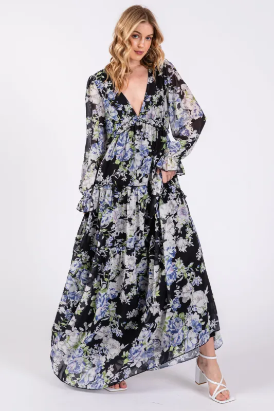 Black Floral Chiffon Deep V Ruffle Tiered Maxi Dress sold by Pinkblush