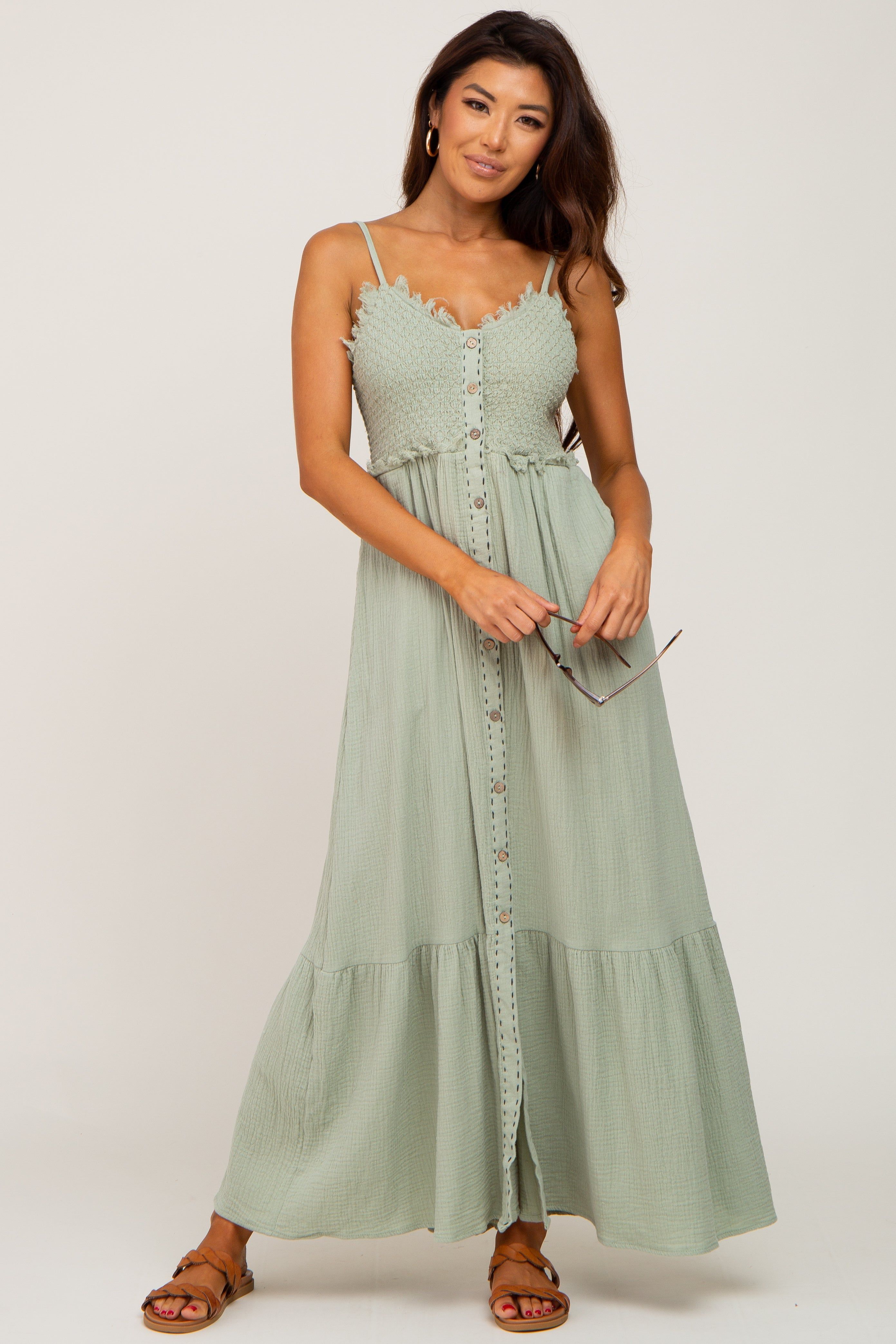 Light Olive Smoked Button Front Maxi Dress sold by Pinkblush product image thumbnail 4