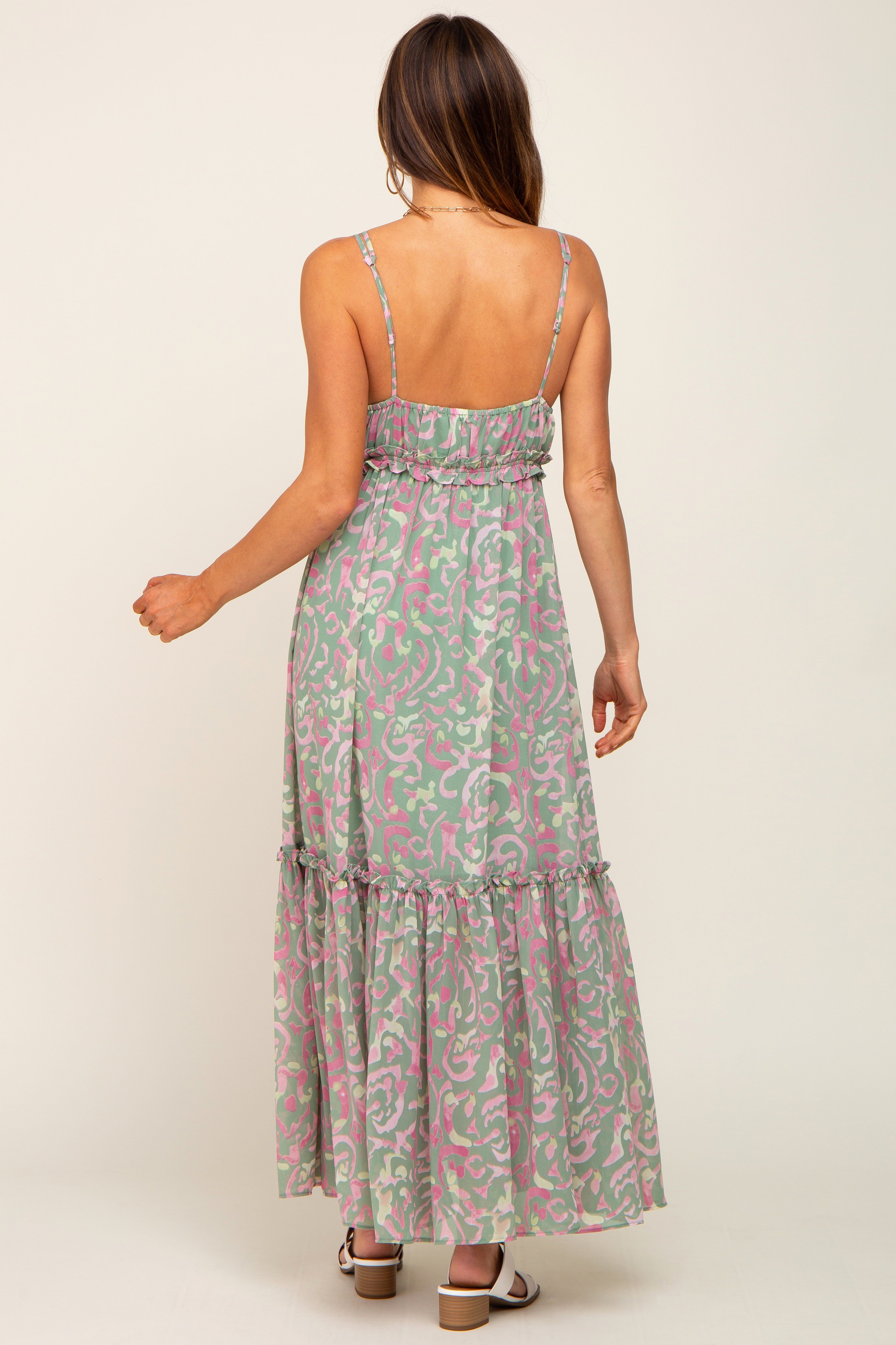 Light Olive Chiffon V-Neck Ruffle Tiered Maxi Dress sold by Pinkblush product image thumbnail 3