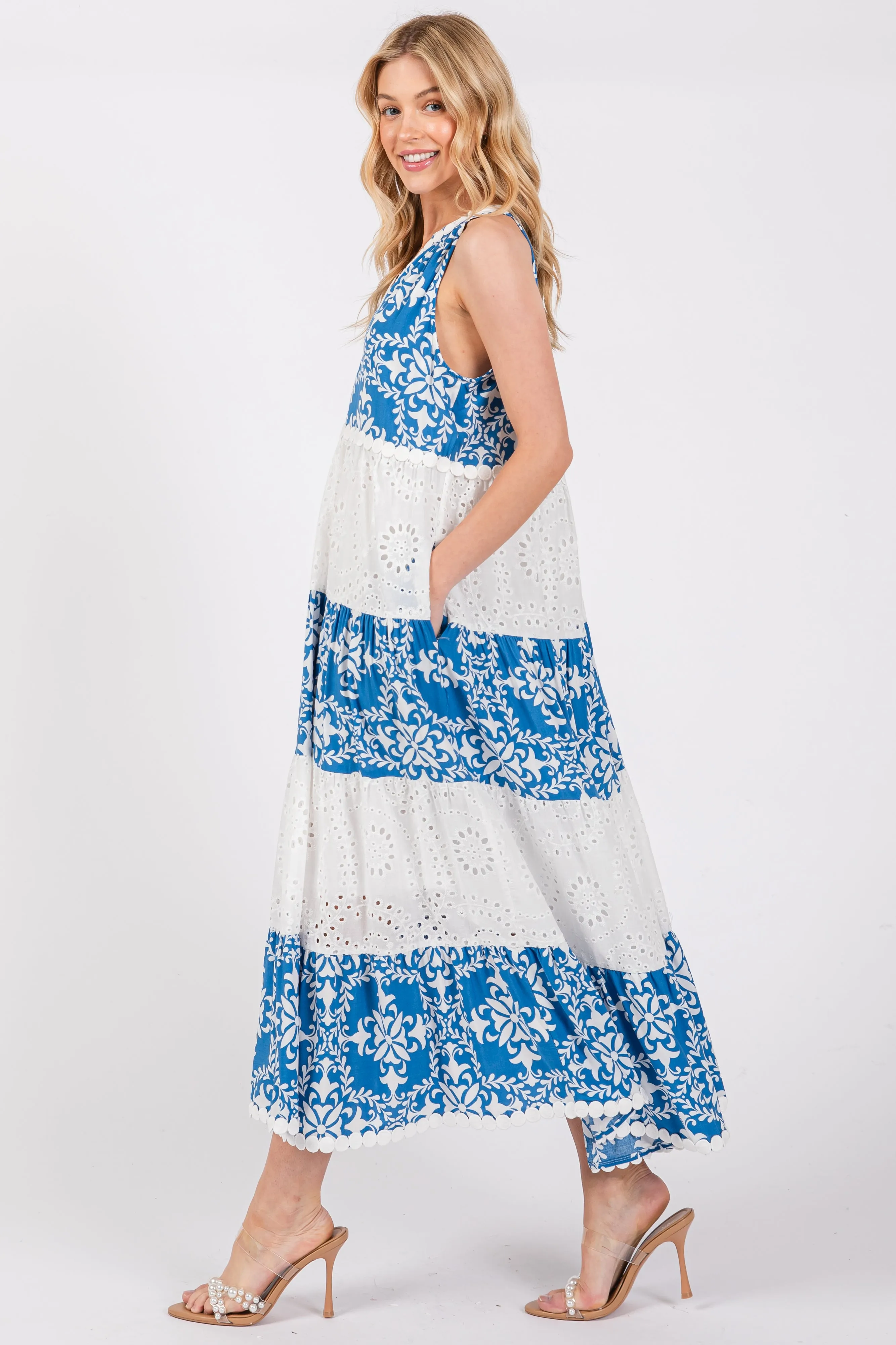 Blue Printed Eyelet Tiered V-Neckline Sleeveless Dress sold by Pinkblush product image thumbnail 2
