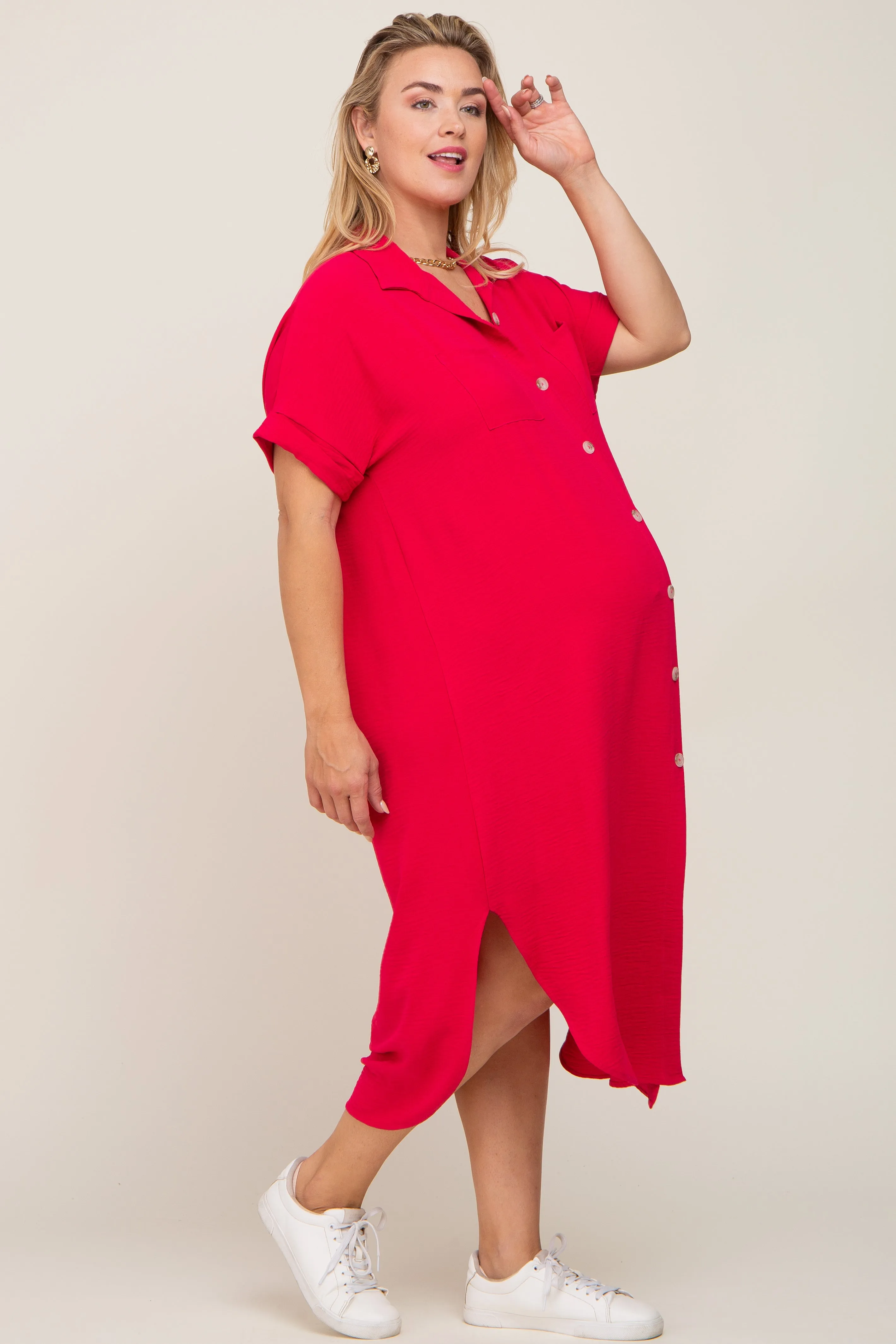 Fuchsia Button Down Hi Low Maternity Plus Maxi Dress sold by Pinkblush product image thumbnail 3