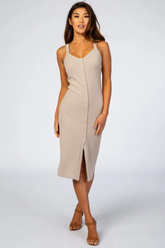 Beige Ribbed Snap Button Front Fitted Midi Dress sold by Pinkblush