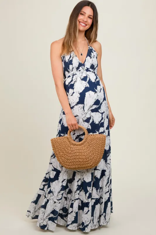 Navy Printed Woven Maternity Maxi Dress sold by Pinkblush