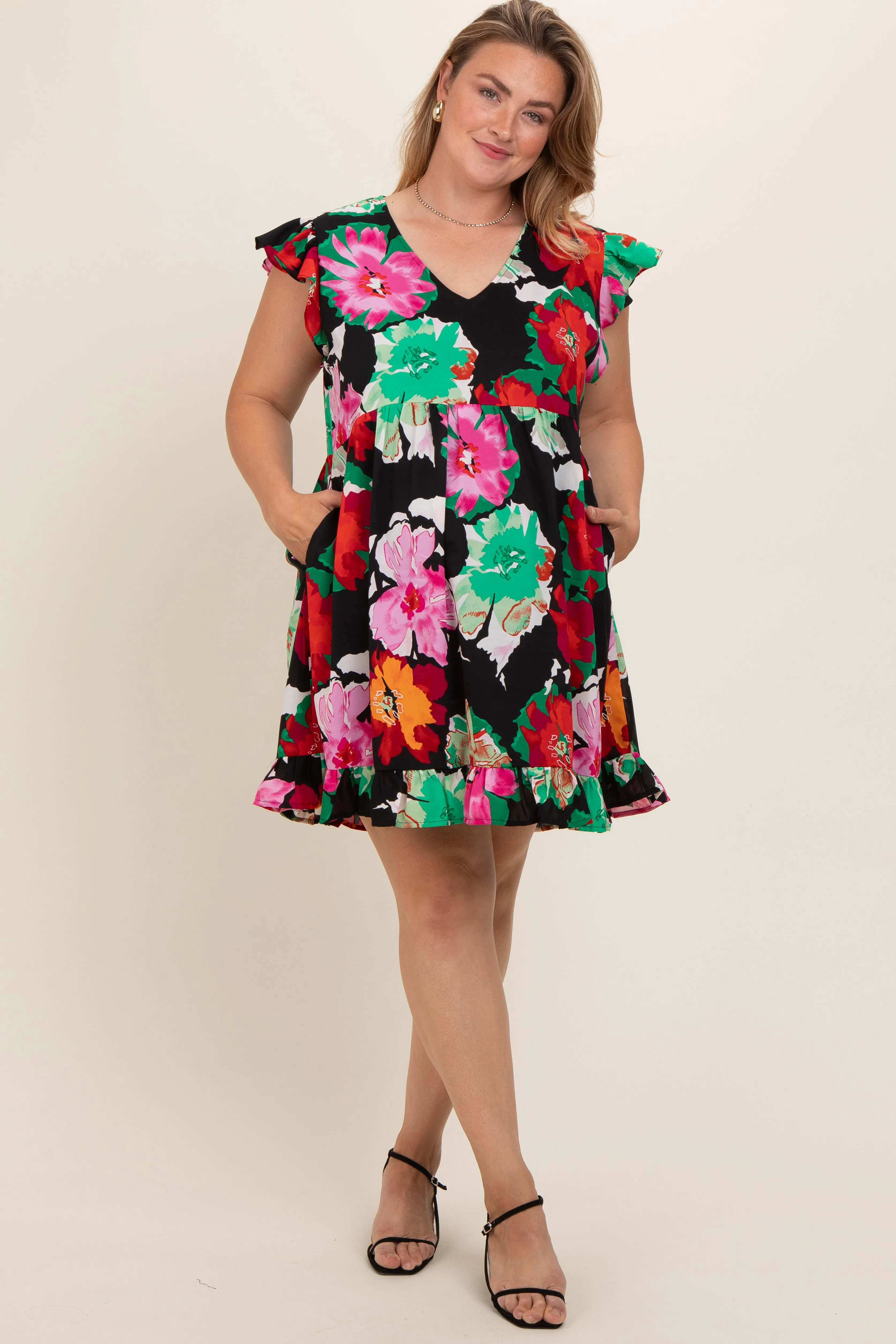 Black Floral Ruffle Accent Maternity Plus Dress sold by Pinkblush
