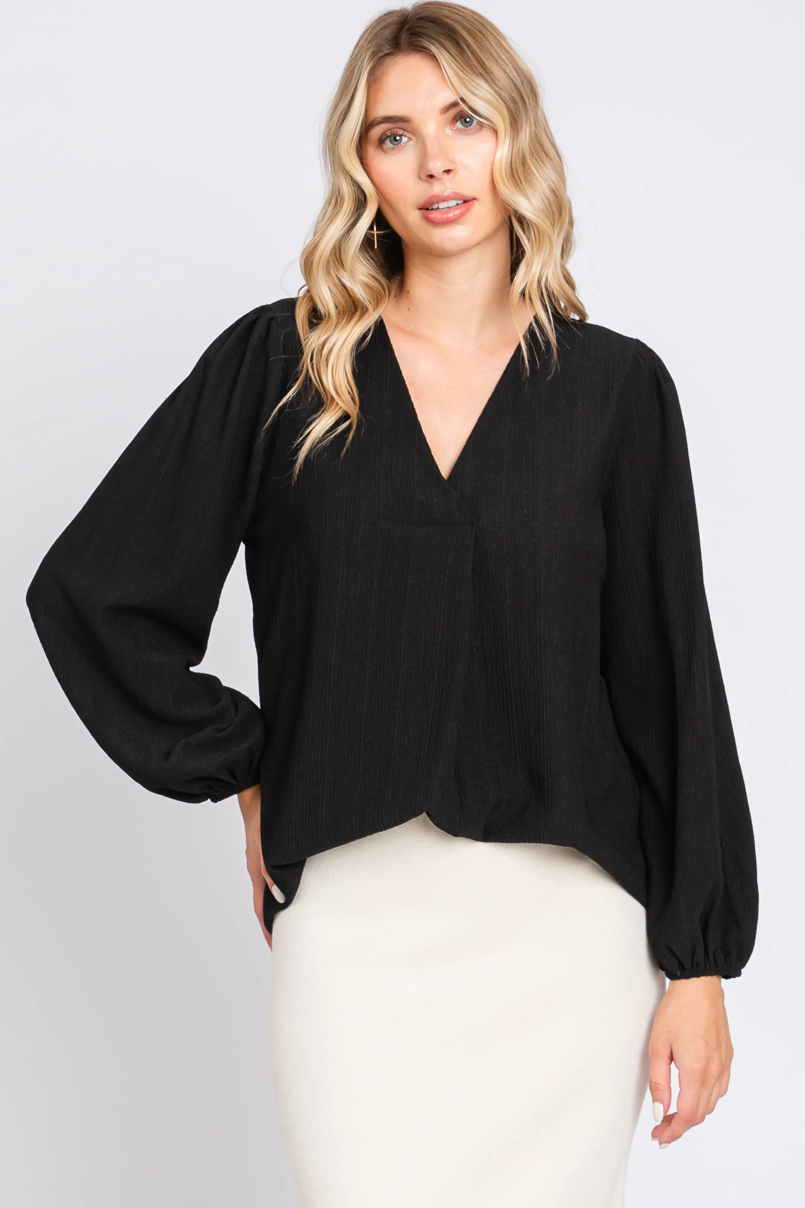 Black Textured Long Sleeve Blouse sold by Pinkblush