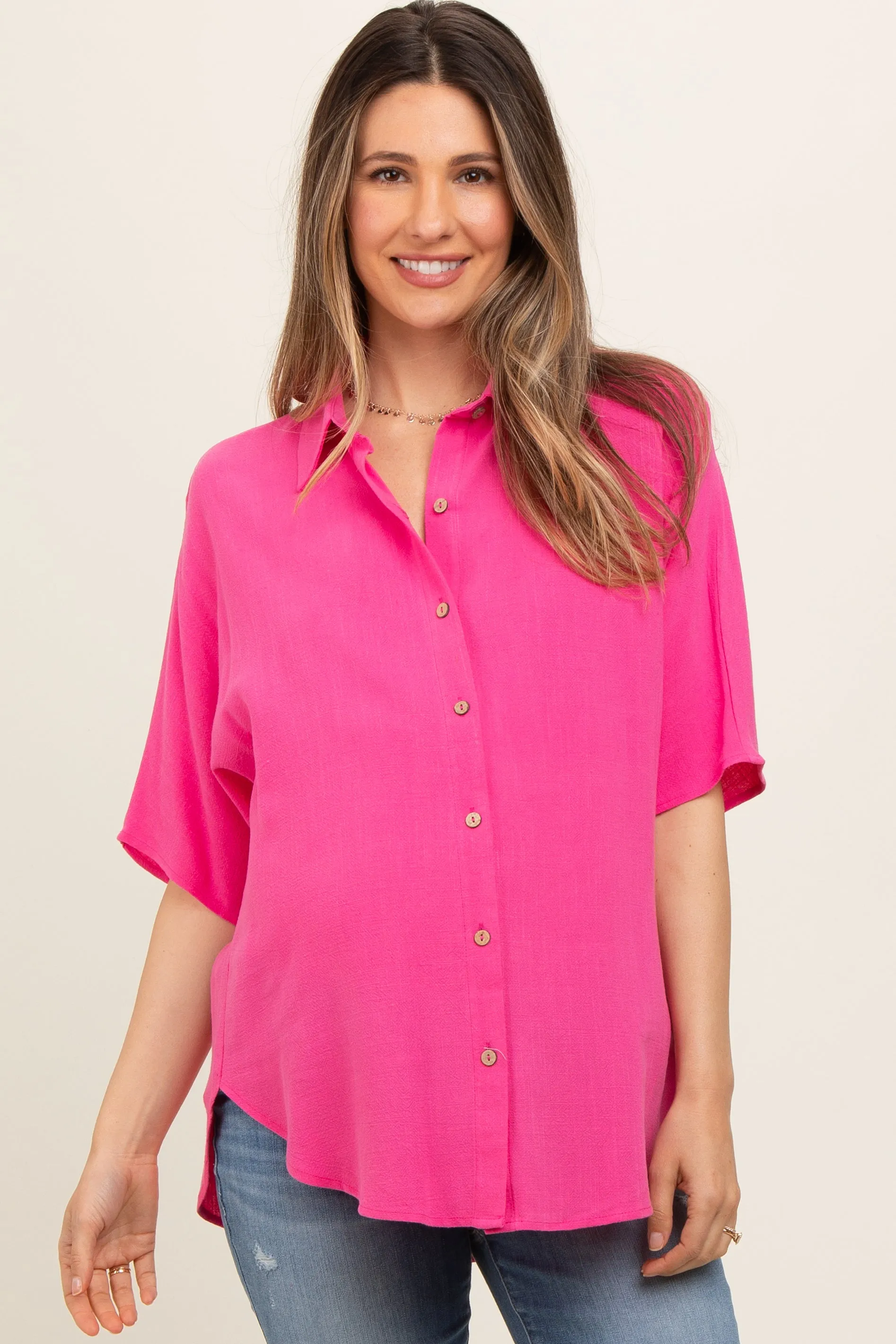 Fuchsia Linen Dolman Half Sleeve Button Down Maternity Top sold by Pinkblush