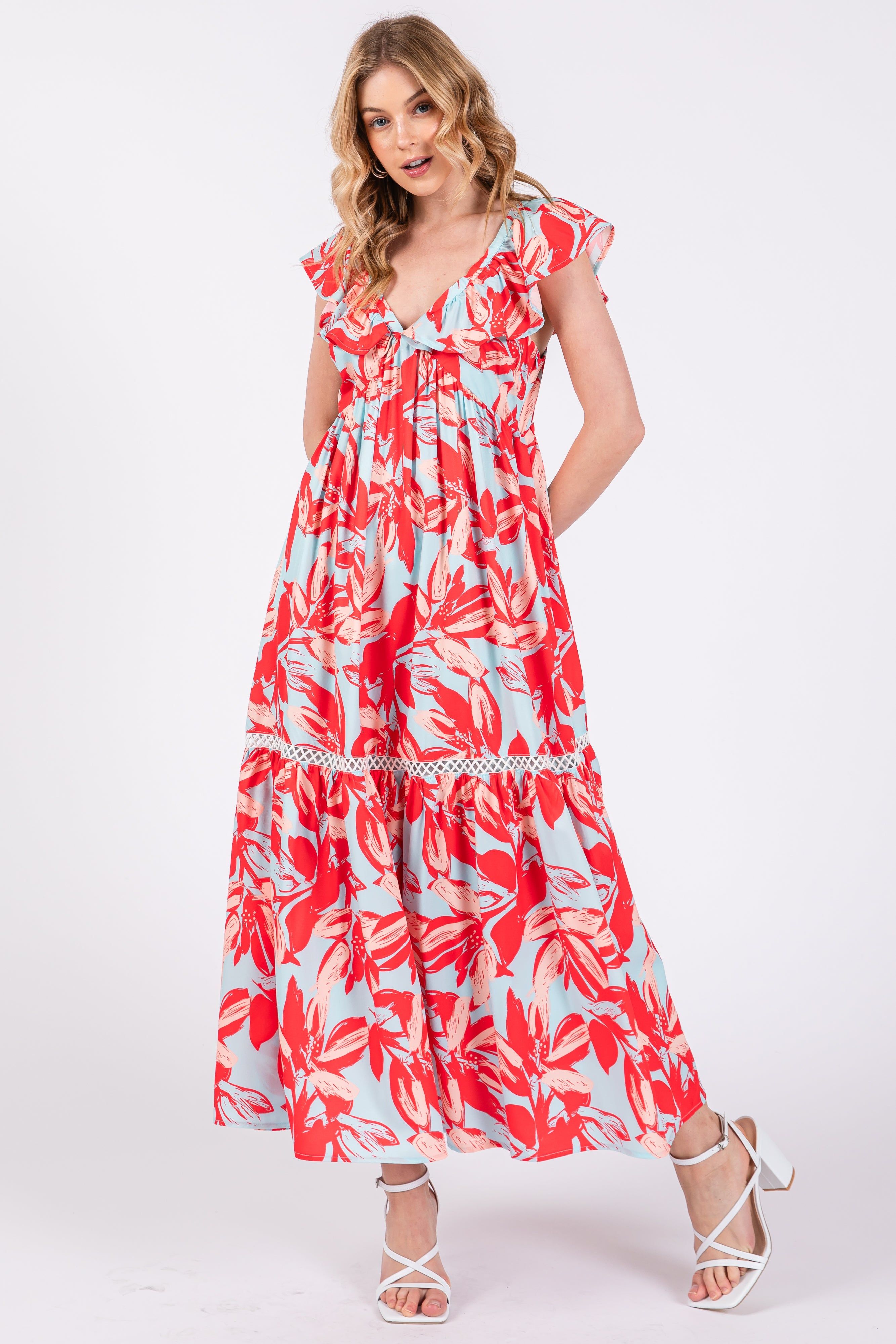 Coral Floral Flounce Maxi Dress sold by Pinkblush
