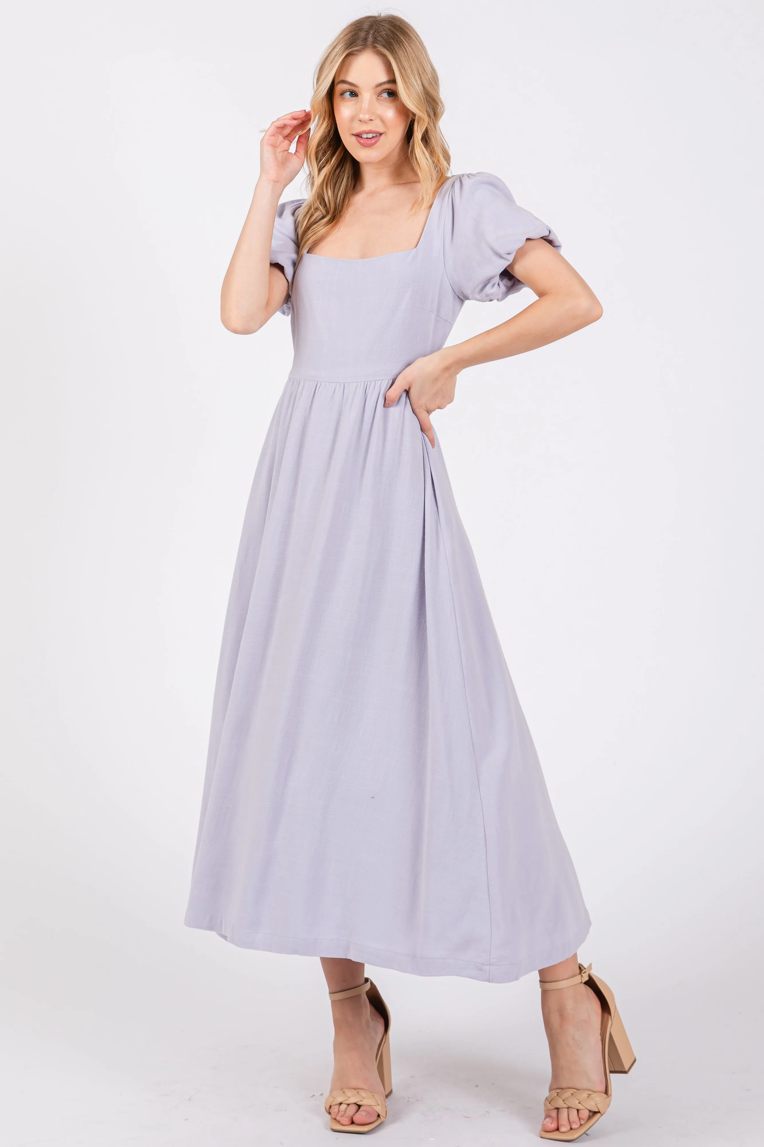 Lavender Puff Sleeve Linen Midi Dress sold by Pinkblush product image thumbnail 2