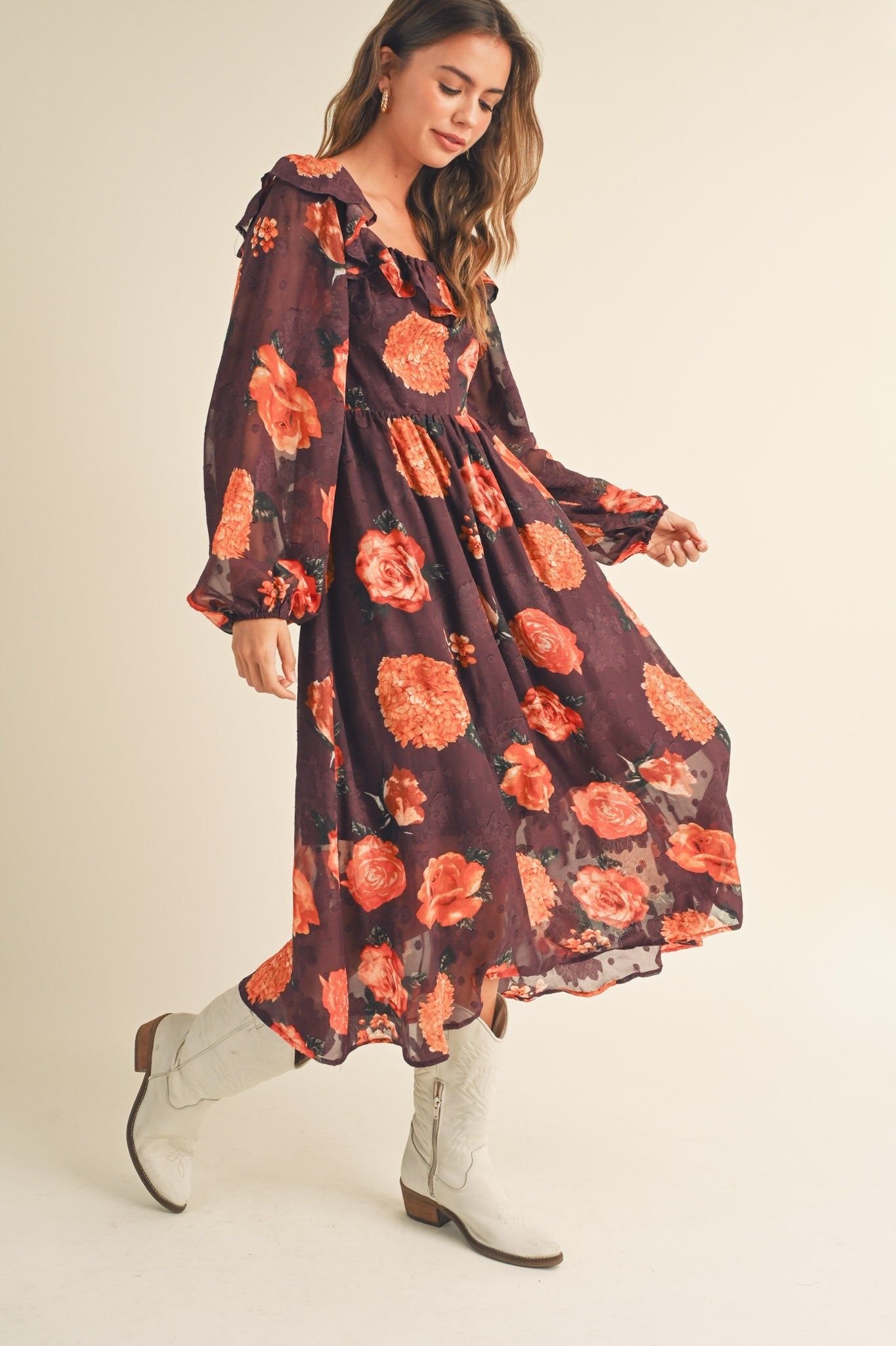 Wine Floral Jacquard Chiffon Balloon Sleeve Midi Dress sold by Pinkblush product image thumbnail 2