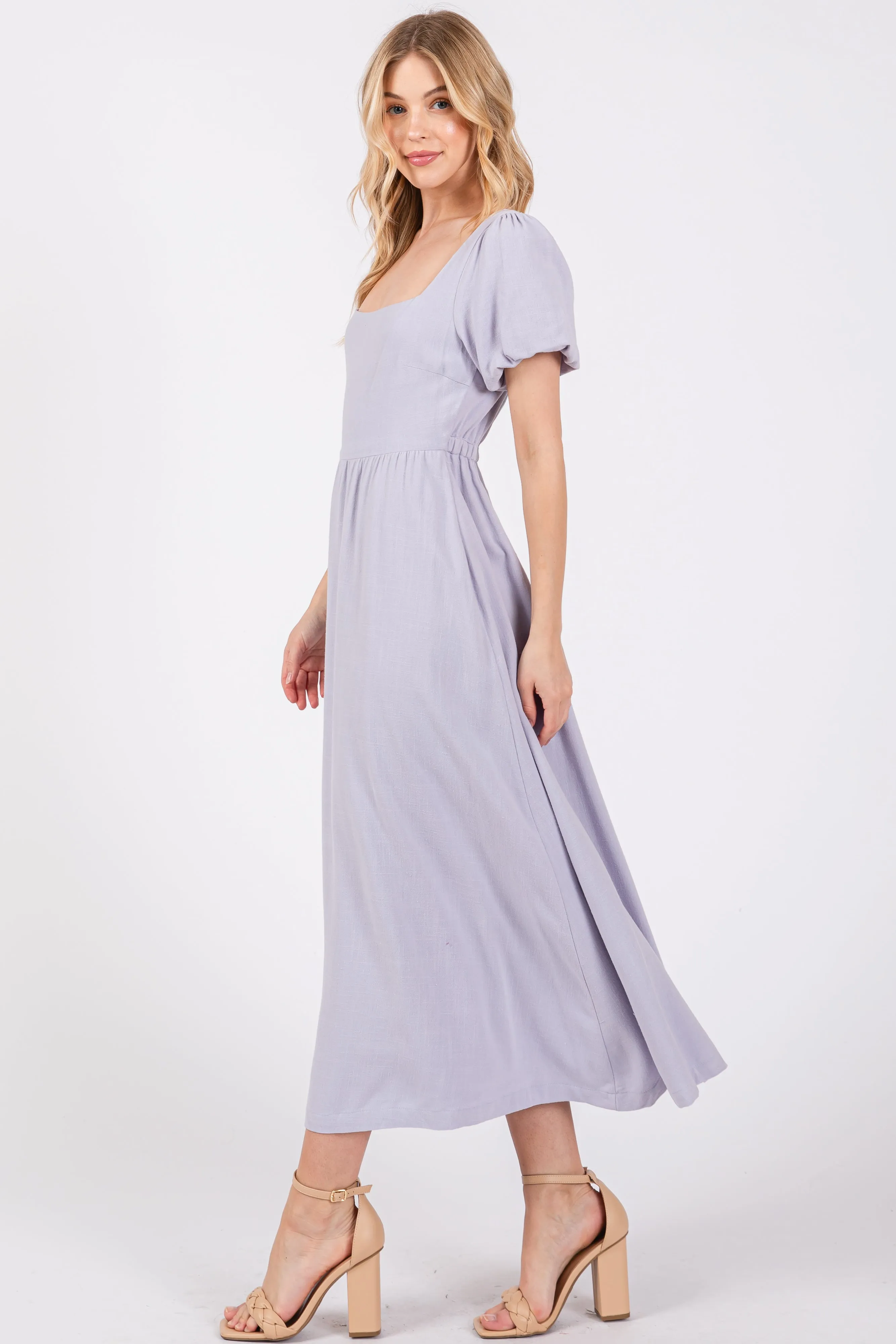 Lavender Puff Sleeve Linen Midi Dress sold by Pinkblush product image thumbnail 3