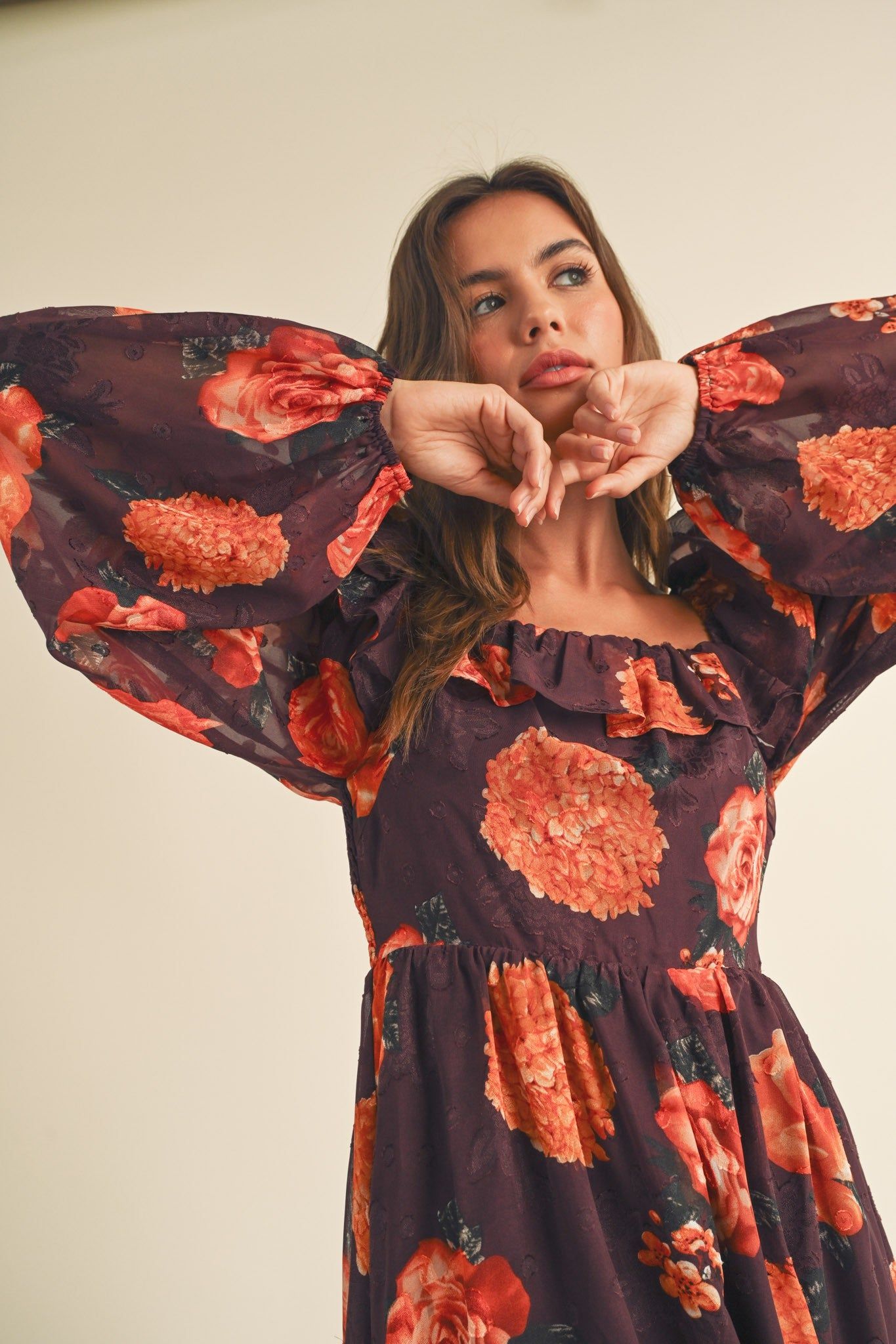 Wine Floral Jacquard Chiffon Balloon Sleeve Midi Dress sold by Pinkblush product image thumbnail 6