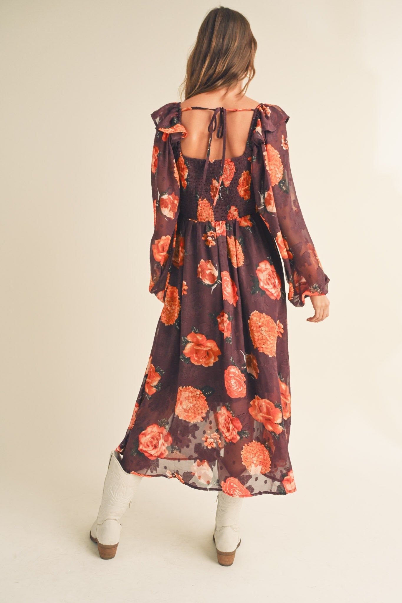 Wine Floral Jacquard Chiffon Balloon Sleeve Midi Dress sold by Pinkblush product image thumbnail 3