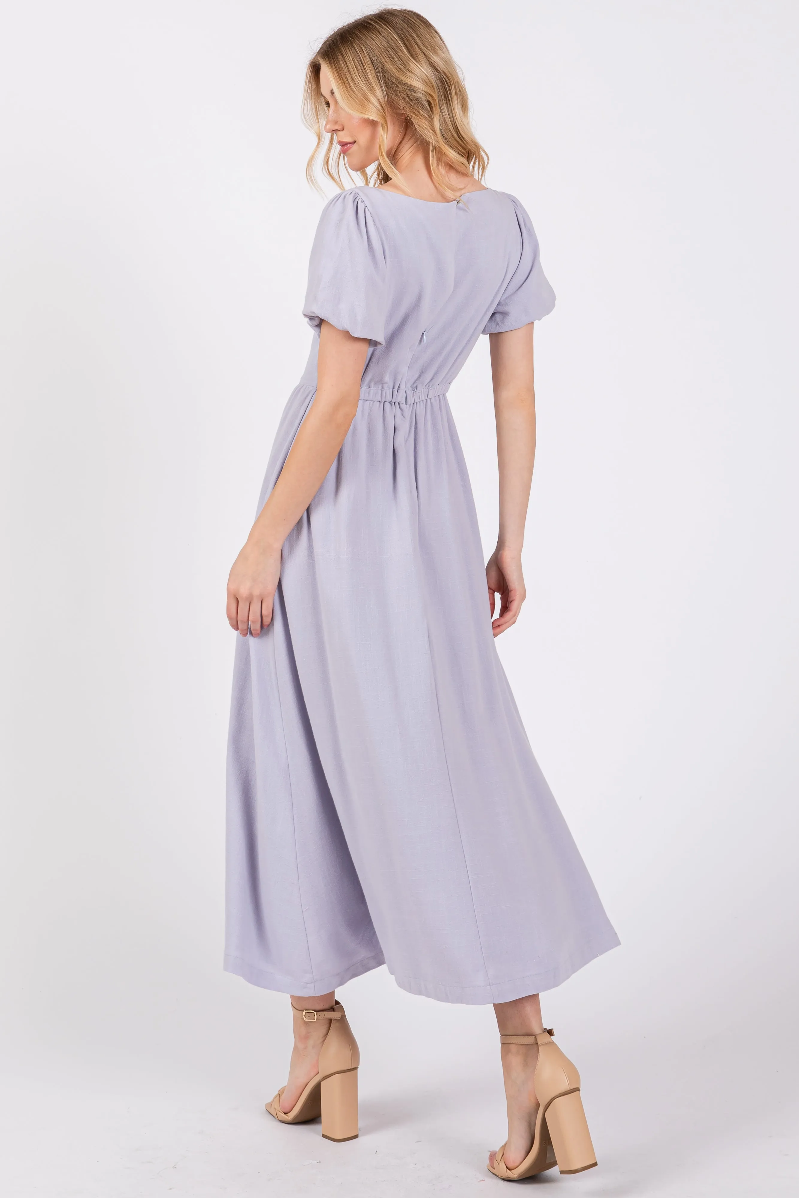 Lavender Puff Sleeve Linen Midi Dress sold by Pinkblush product image thumbnail 4