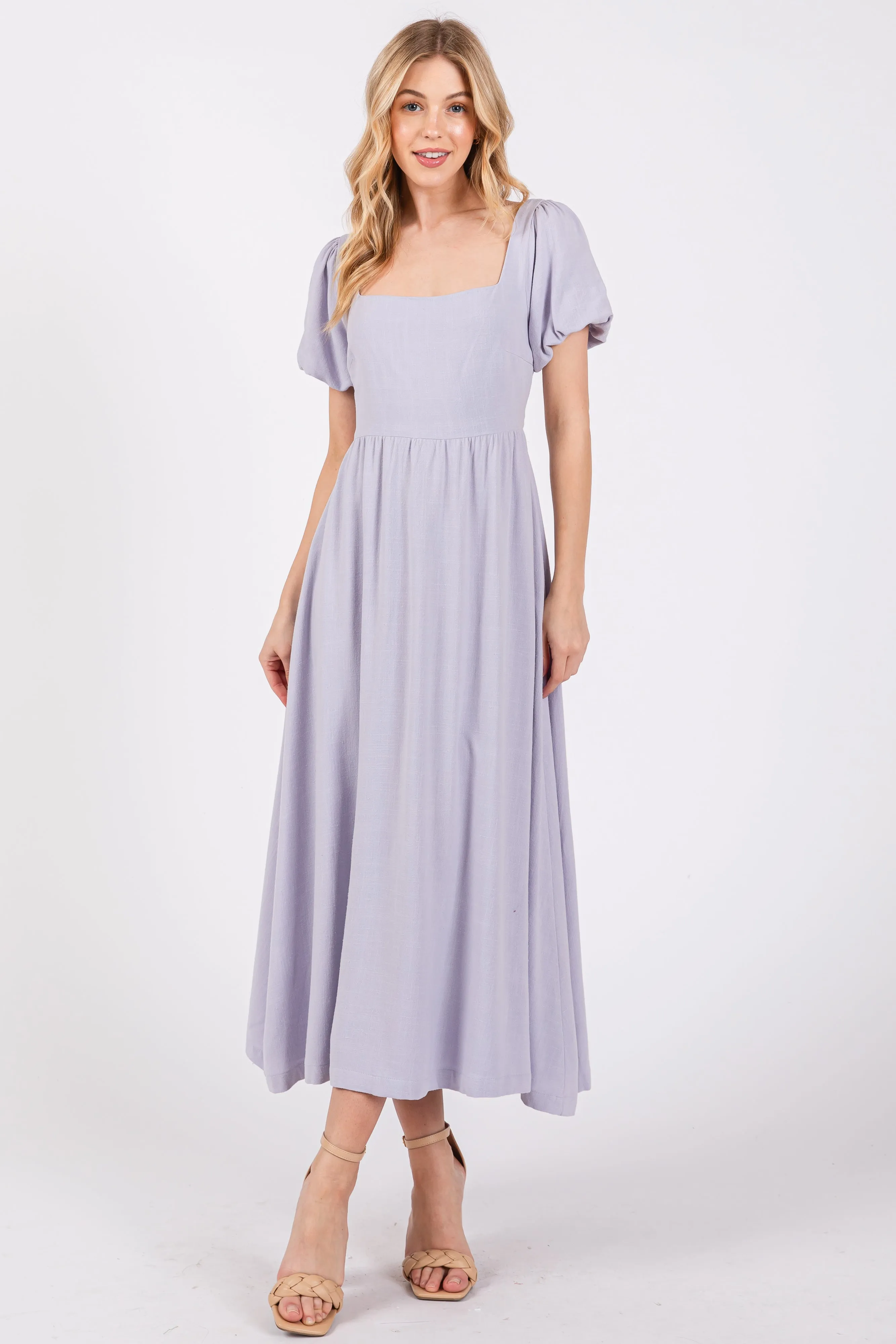 Lavender Puff Sleeve Linen Midi Dress sold by Pinkblush