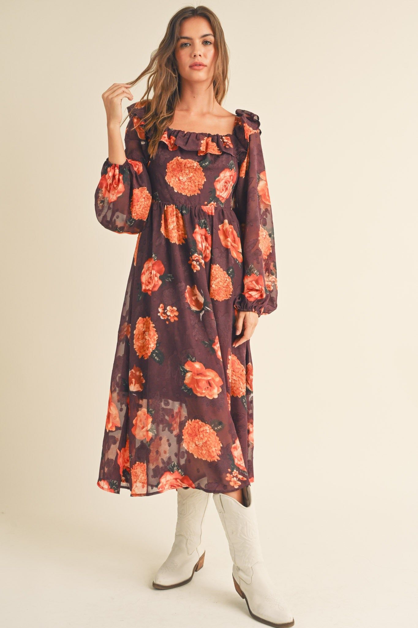Wine Floral Jacquard Chiffon Balloon Sleeve Midi Dress sold by Pinkblush product image thumbnail 4