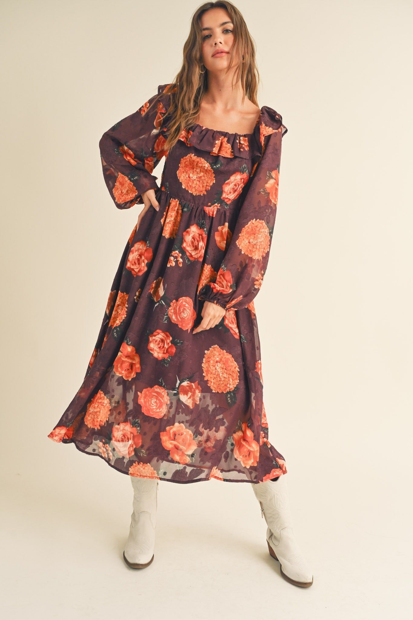 Wine Floral Jacquard Chiffon Balloon Sleeve Midi Dress sold by Pinkblush