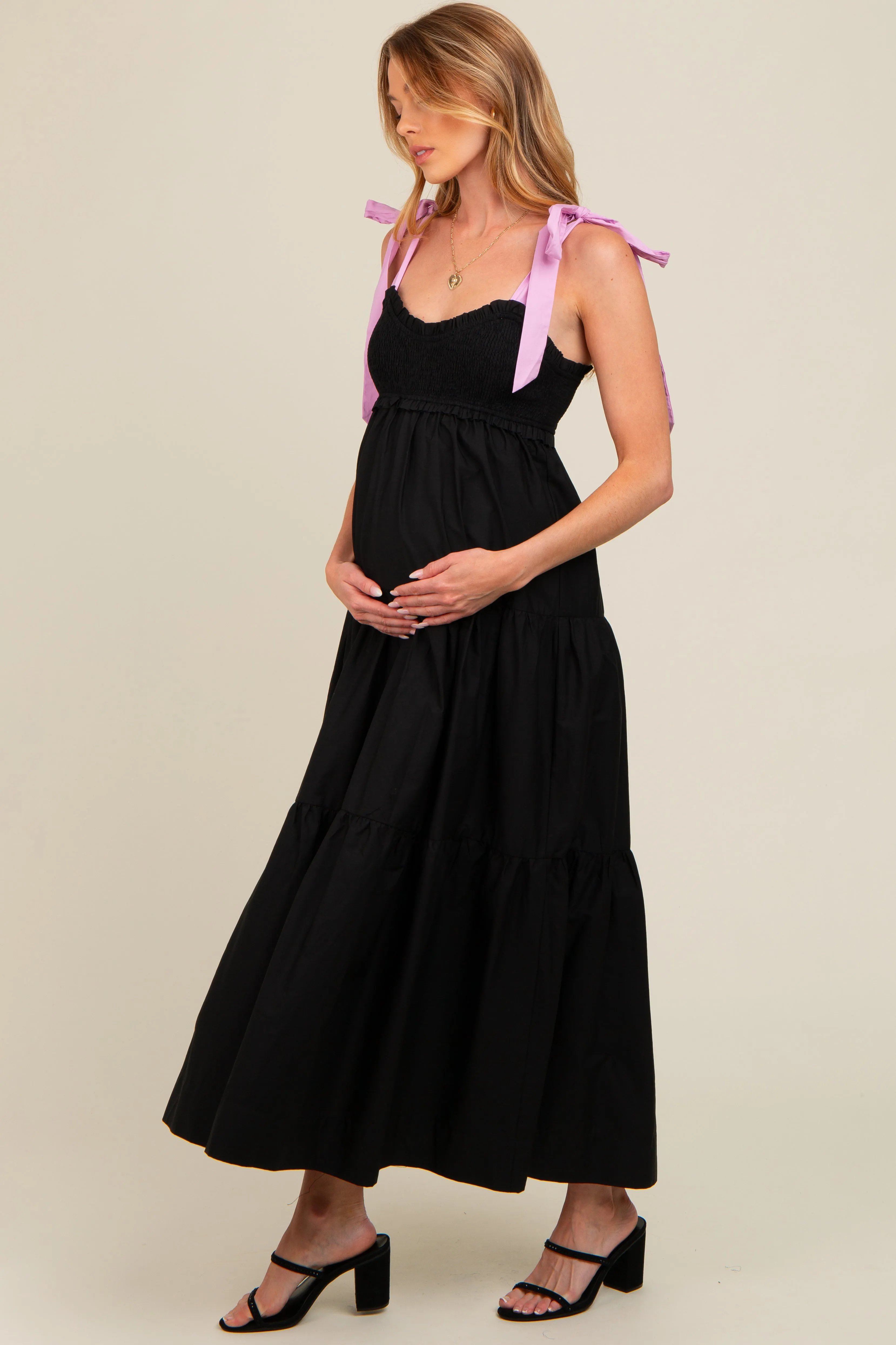 Black Contrast Shoulder Straps Maternity Maxi Dress sold by Pinkblush product image thumbnail 3