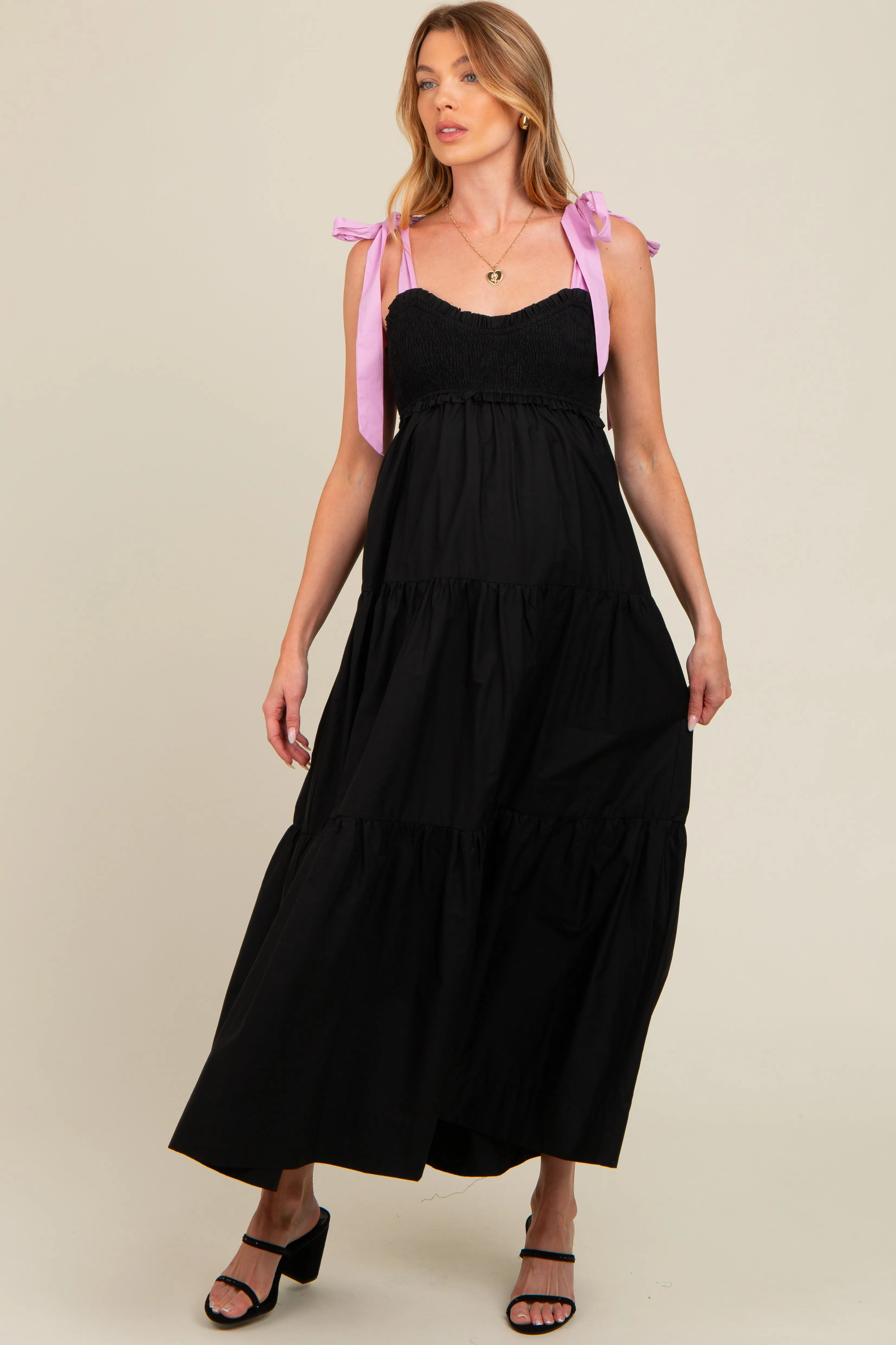 Black Contrast Shoulder Straps Maternity Maxi Dress sold by Pinkblush