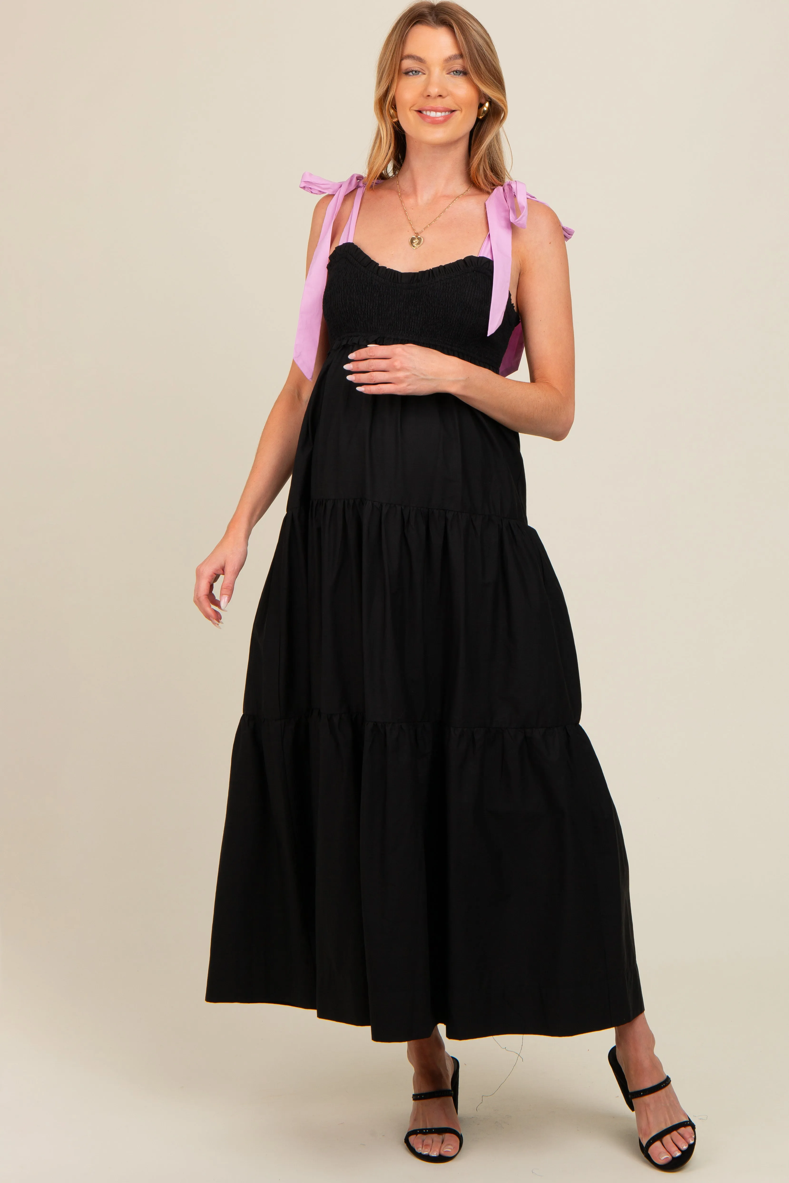 Black Contrast Shoulder Straps Maternity Maxi Dress sold by Pinkblush product image thumbnail 2