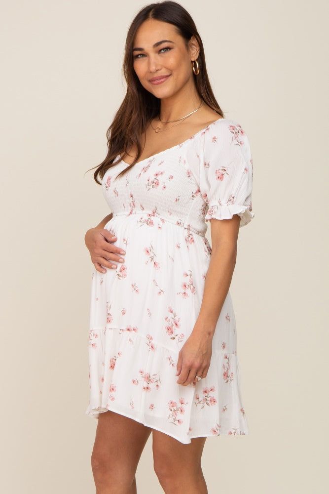 White Floral Smocked Short Puff Sleeve Maternity Dress sold by Pinkblush product image thumbnail 3