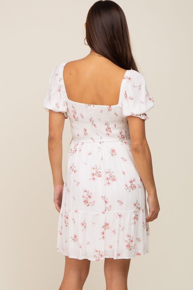 White Floral Smocked Short Puff Sleeve Maternity Dress sold by Pinkblush product image thumbnail 4