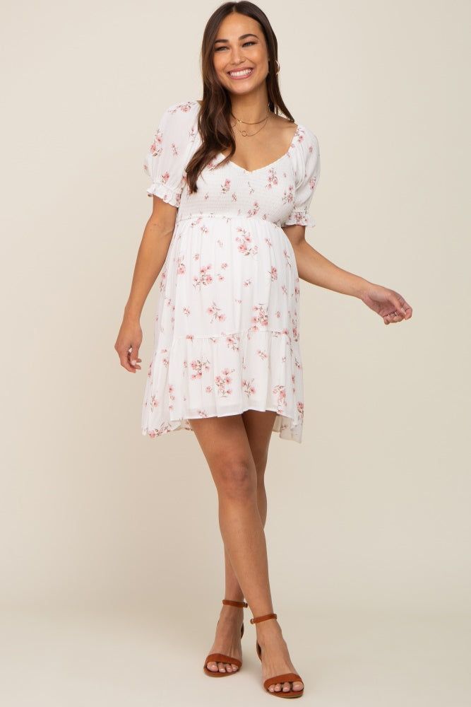 White Floral Smocked Short Puff Sleeve Maternity Dress sold by Pinkblush