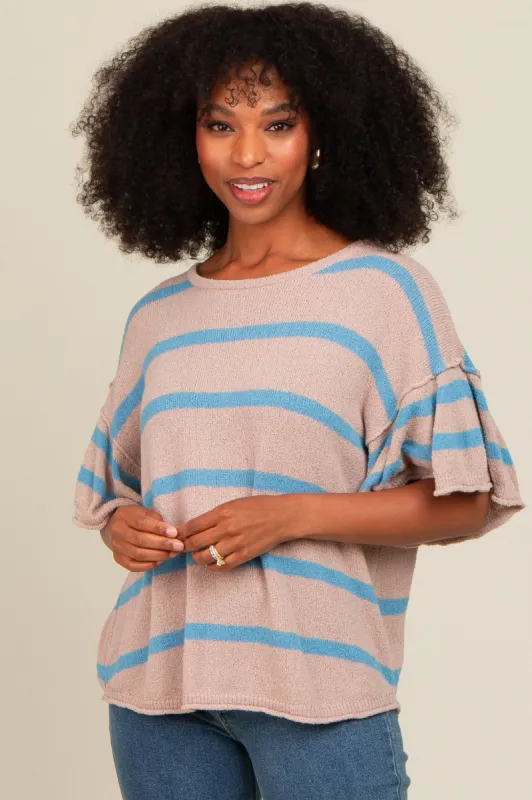 Blue Striped Ruffle Sleeve Knit Top sold by Pinkblush